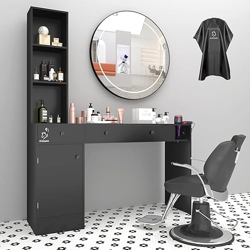 LUXMARS Estaciones de peluquería de montaje en pared para salón de belleza, equipo de spa de peluquería con 3 estantes abiertos, cajones de bloqueo