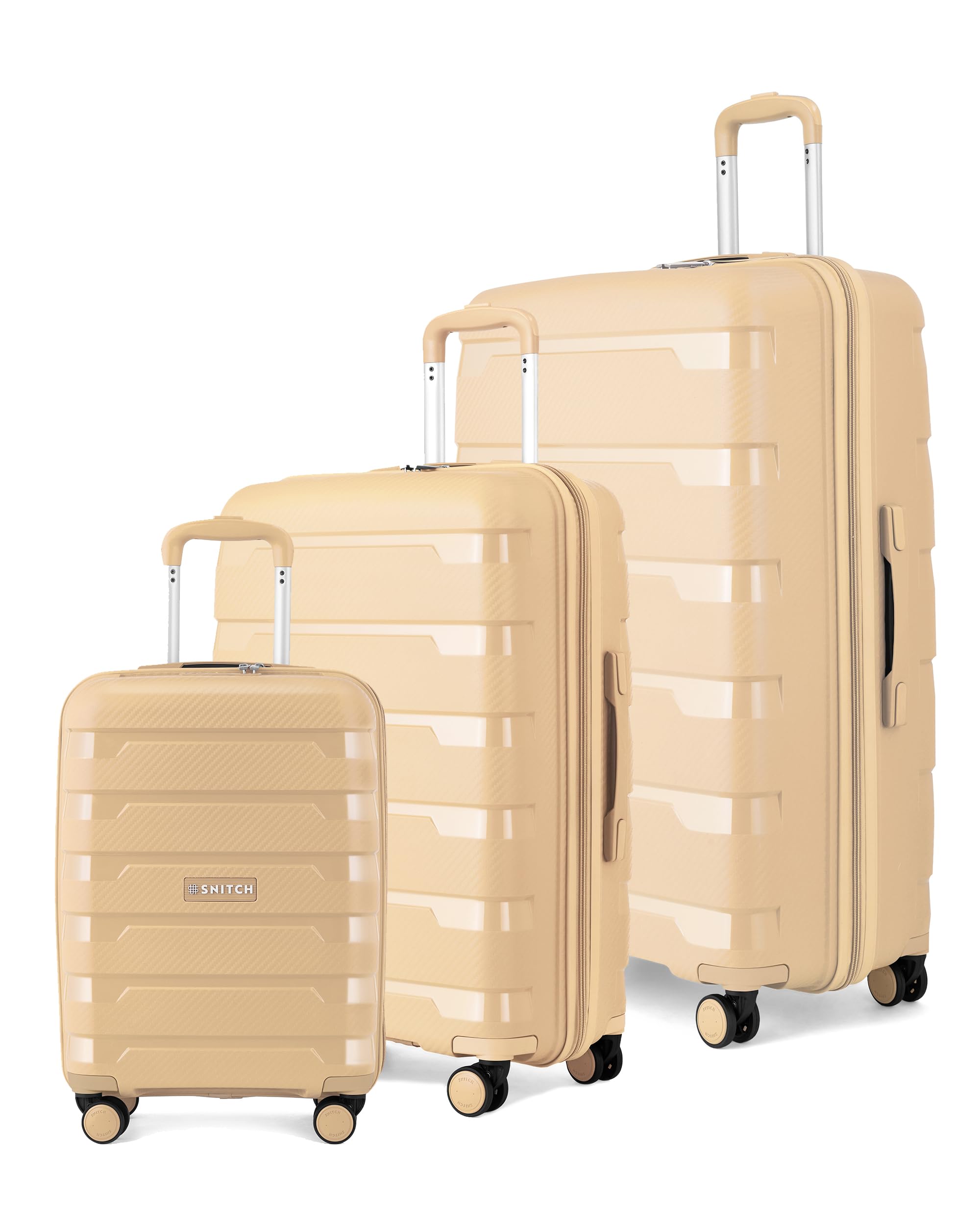 SNITCH Layer 3Pc Set Beige Polypropylene Hard Travel Suitcase - Suitcase for Travel Set of 3 & Luggage with 8 Wheels, Premium Lock, Wet & Dry Pouch & Free Shoe Bag