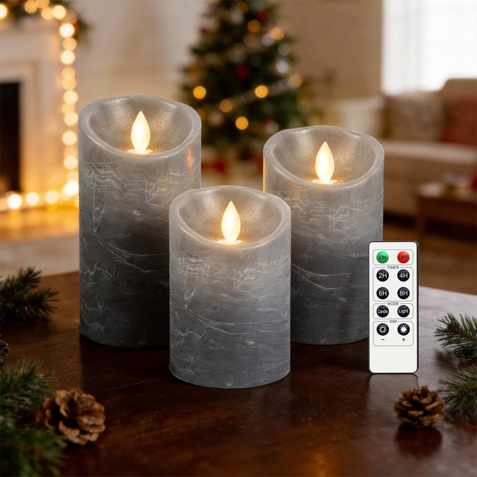 AnnSpa LED Candle 3 Set Battery Operated with 10-Key Remote Control and Cycling 24 Hours Timer, Flameless Real Wax Flickering Moving Wick Flickering Amber Yellow Light Pillar Candles (Grey) — image 1