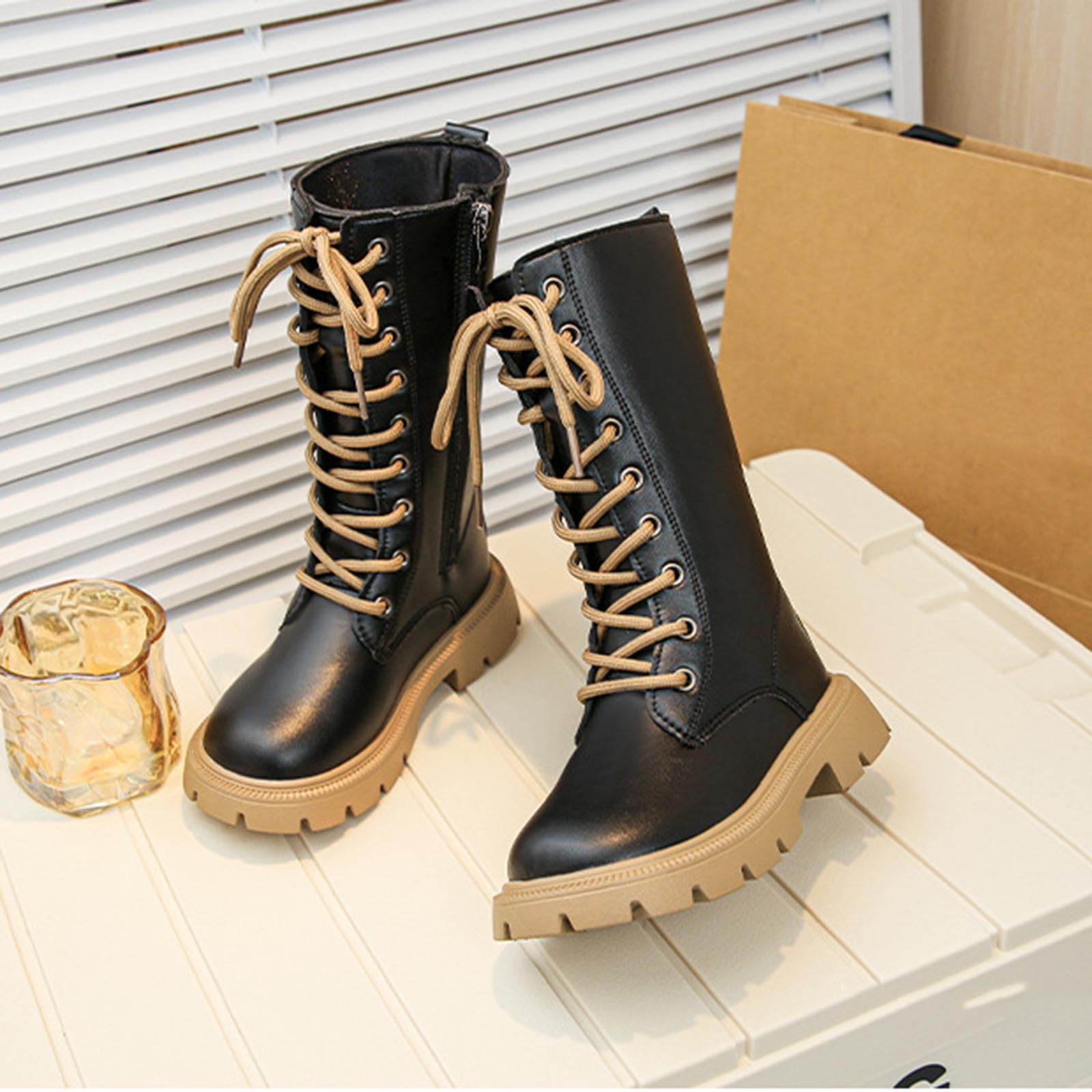HAOLEI Botas Niña Otoño e Invierno Botas Alta de Piel con Cordones y Cremallera Lateral Moda Bota de Media Caña de Charol Cálido Antideslizante Estilo Británico Zapatos de Cuero para La Escuela