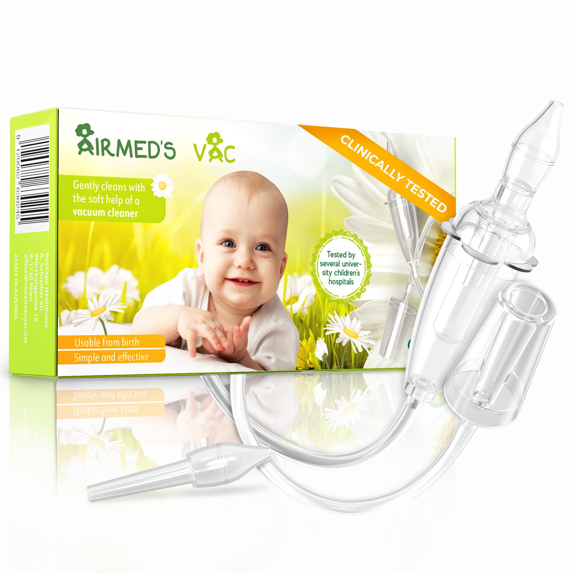 Airmed's Vac Nasal Aspirator Baby. CLINICALLY Tested, Safe and Gentle. Baby Nose Sucker with 2 Suction Heads and Cleaning Brush. Safe and Gentle Baby Nasal Aspirator with Strength of a Vacuum Cleaner