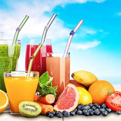 Miniatura 4 de Roshtia 12 pajitas de vidrio con diseño de flores, reutilizables, lindas pajitas de cristal con 2 cepillos de limpieza para verano, playa, piscina,