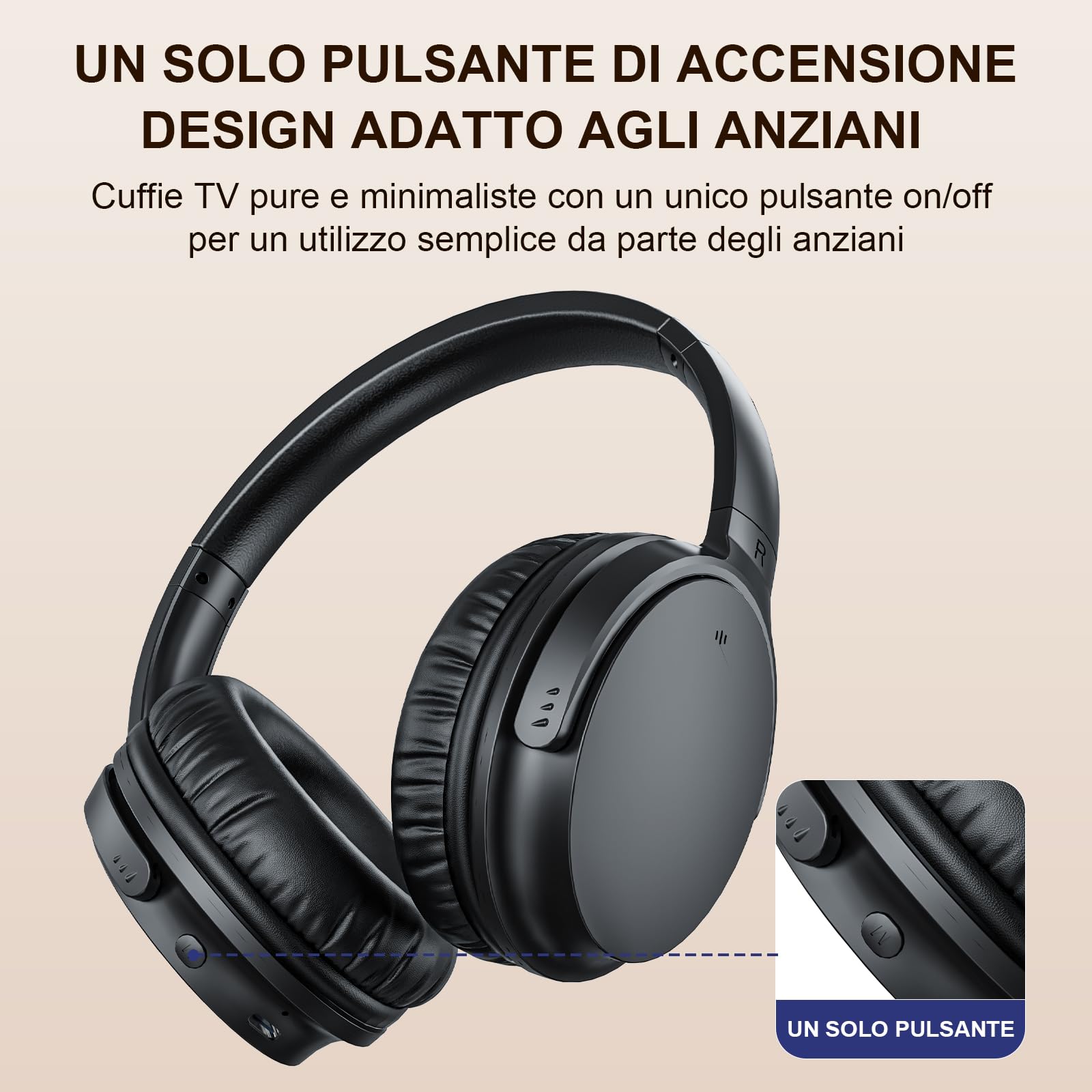 Cuffie TV Wireless per Anziani, Bassa Latenza AptX, Design con Un Pulsante Cuffie TV Over-Ear con Trasmettitore USB (Ottica/RCA/AUX/USB), Più Forti & Chiare per Ipoudenti, 20H Autonomia, Plug & Play