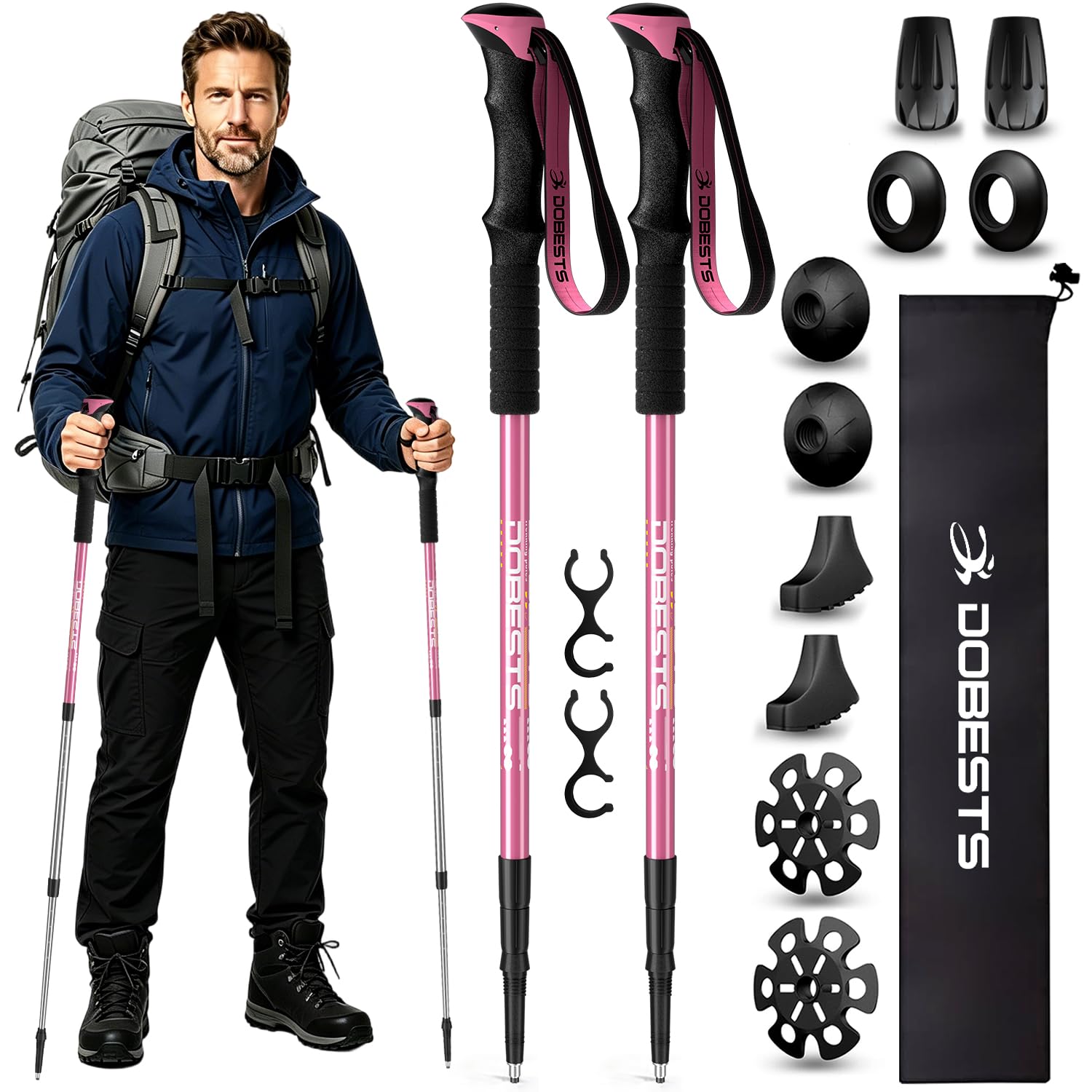 DOBESTS Walking Poles 2 Pack, Hiking Poles 65-135 cm Adjustable, Aluminum