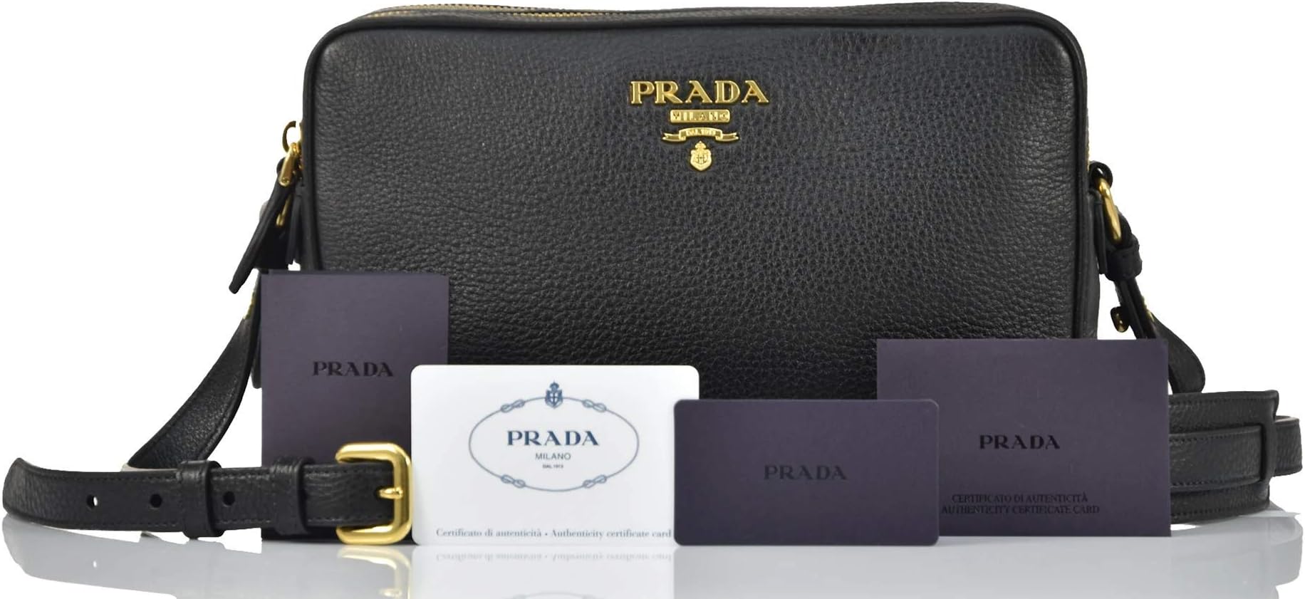 Prada Women's Black Bandoliera Vitello Phenix Leather Crossbody Bag 1BH079