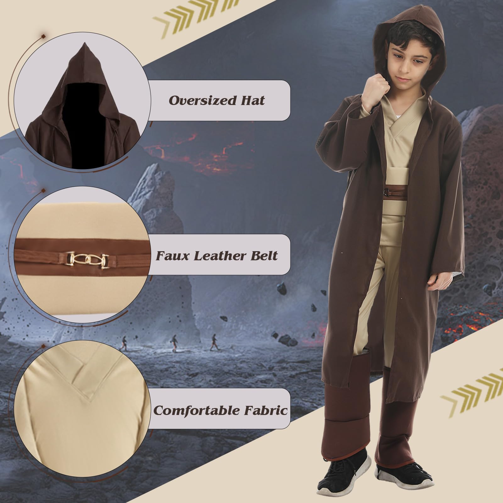 Aitsite Je-d Costume Kids, Tunic Hooded Robes with Lightsaber - Image 3
