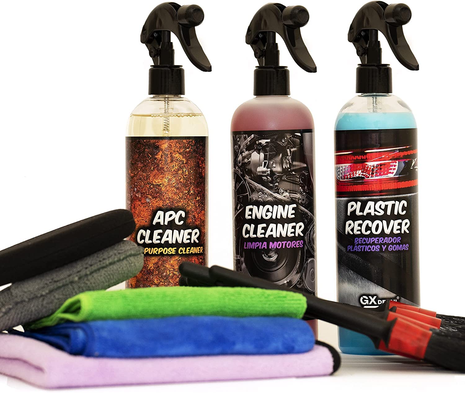 Pack Limpieza Motores GxDetail - Kit Cuidado Motor para Coche Gx Detail - Con Accesorios - Pinceles, Microfibras, Aplicadores para Limpieza de Coche.