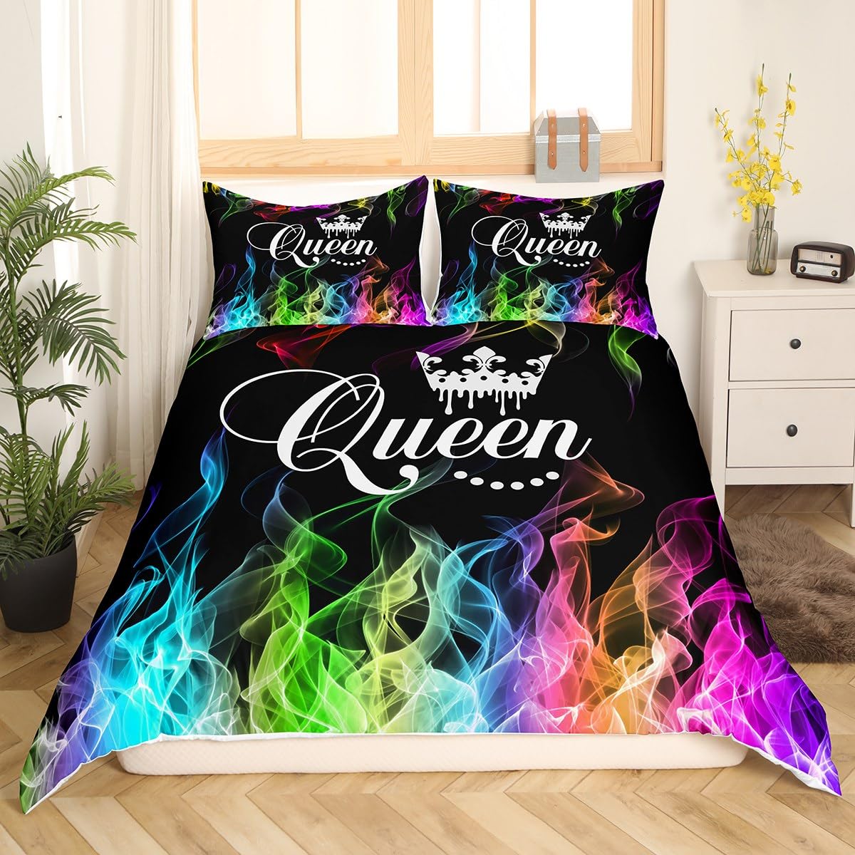 Homemissing King and Queen Crown Duvet Cover Set Modern Chic Bedding Set Super King Size Comforter Cover for Couples 3 Pieces Rainbow Colorful Flame Quilt Cover Valentines Day Gifts Bedding Cover - Image 3