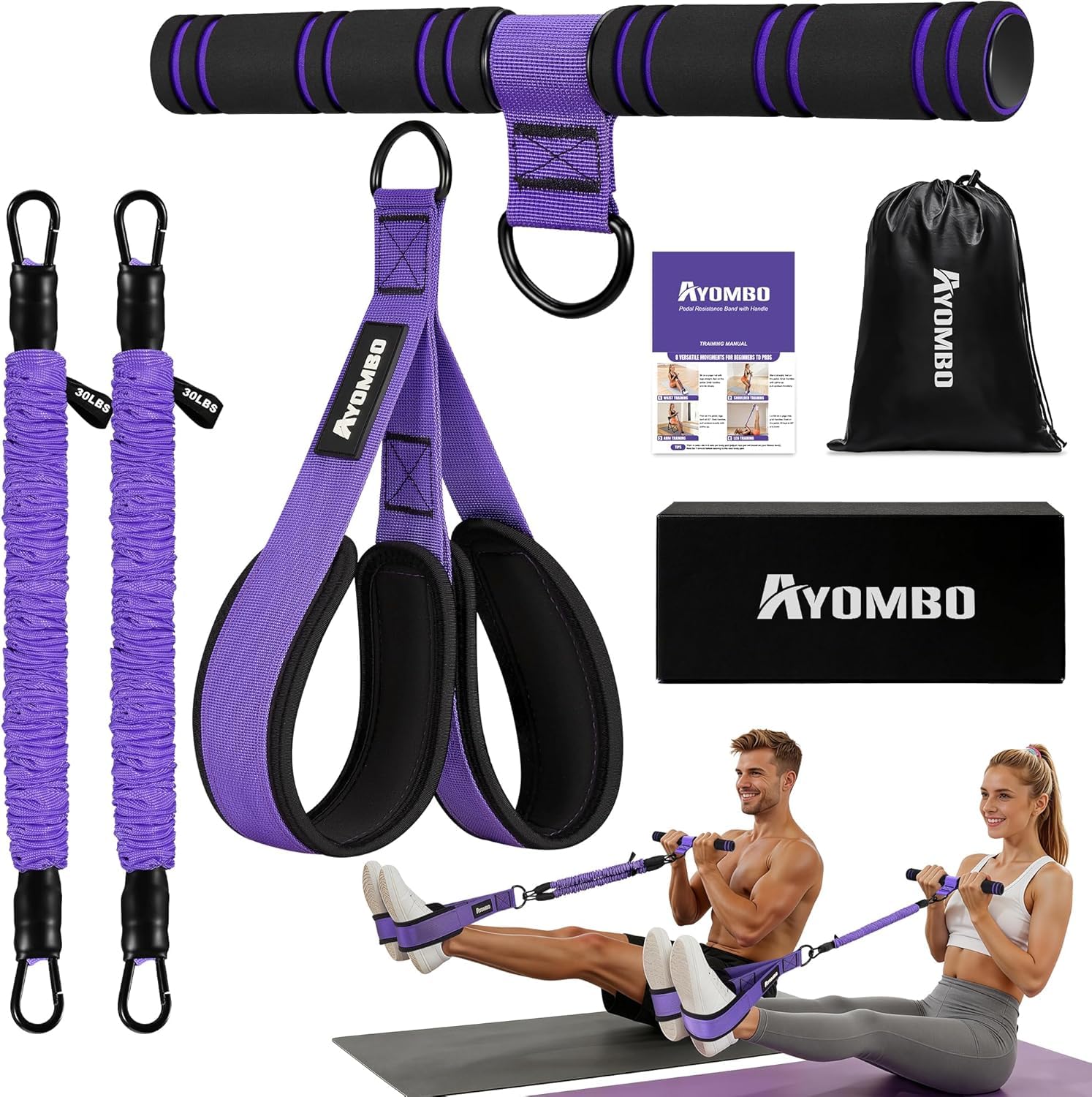 Ayombo Upgrade Pedal Resistance Band with Handle, Adjustable Tube Foot Pedal Device Puller Exercise Bands, For Abs Arm Leg Waist Workout, Core Pilates, Sit Up Exercise Equipment for Full Body Training