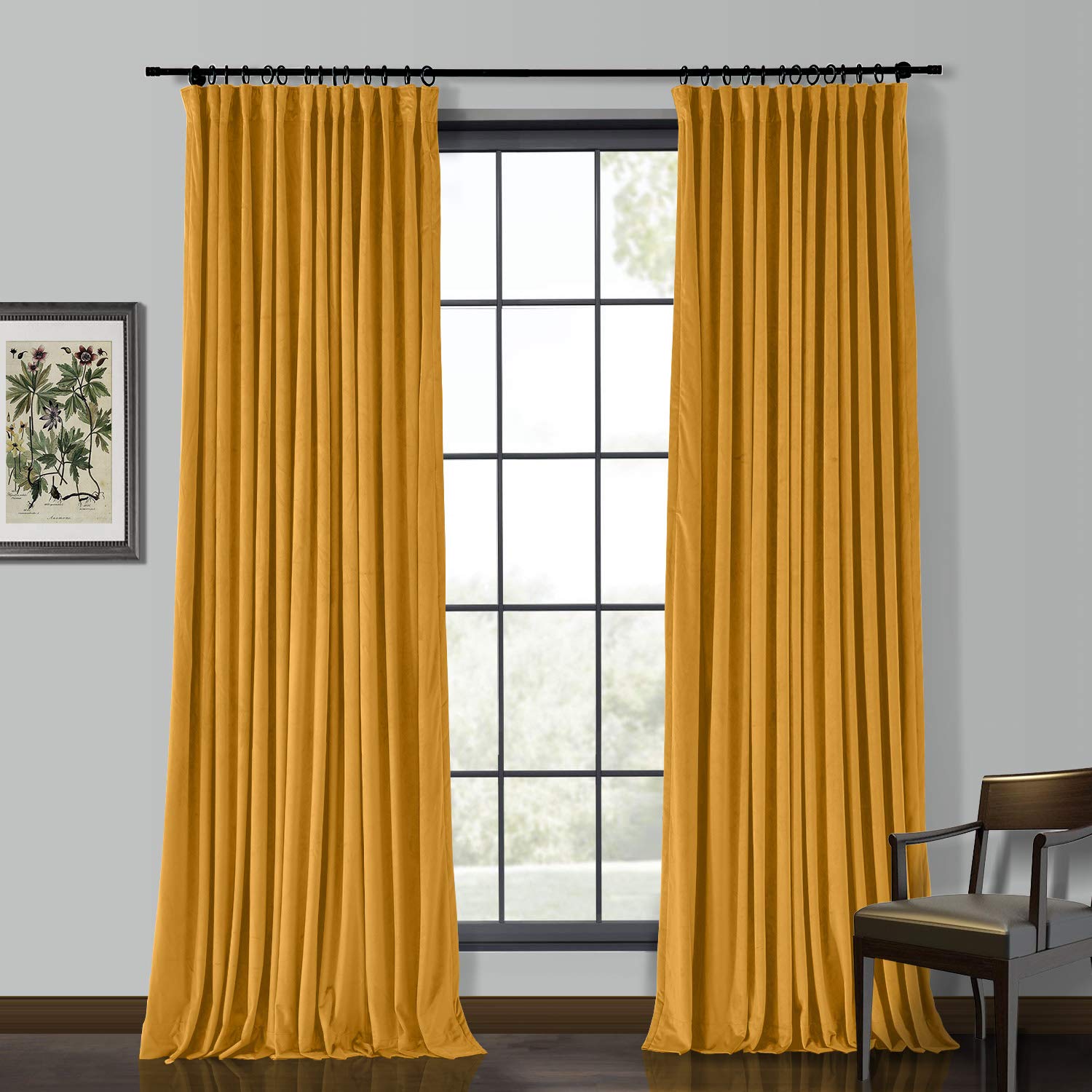 Luxury Solid Heavy Velvet Curtain 66" W x 90" L Pencil Pleat Drapery with Blackout Lining for Living Room Bedroom Orange 1 Panel