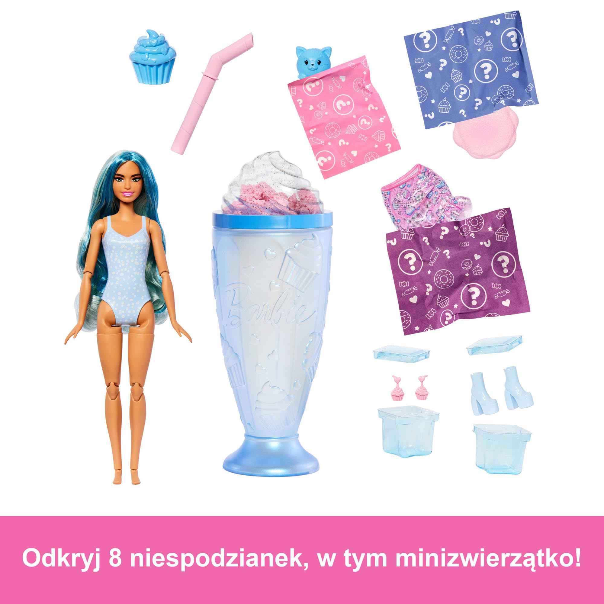 Barbie Pop Reveal Seria Stylowy deser Lalka modowa i figurka zwierzątka, 8 niespodzianek, w tym funkcja zmiany koloru na twarzy lalki, zabawka dla dzieci 3+, JFY61
