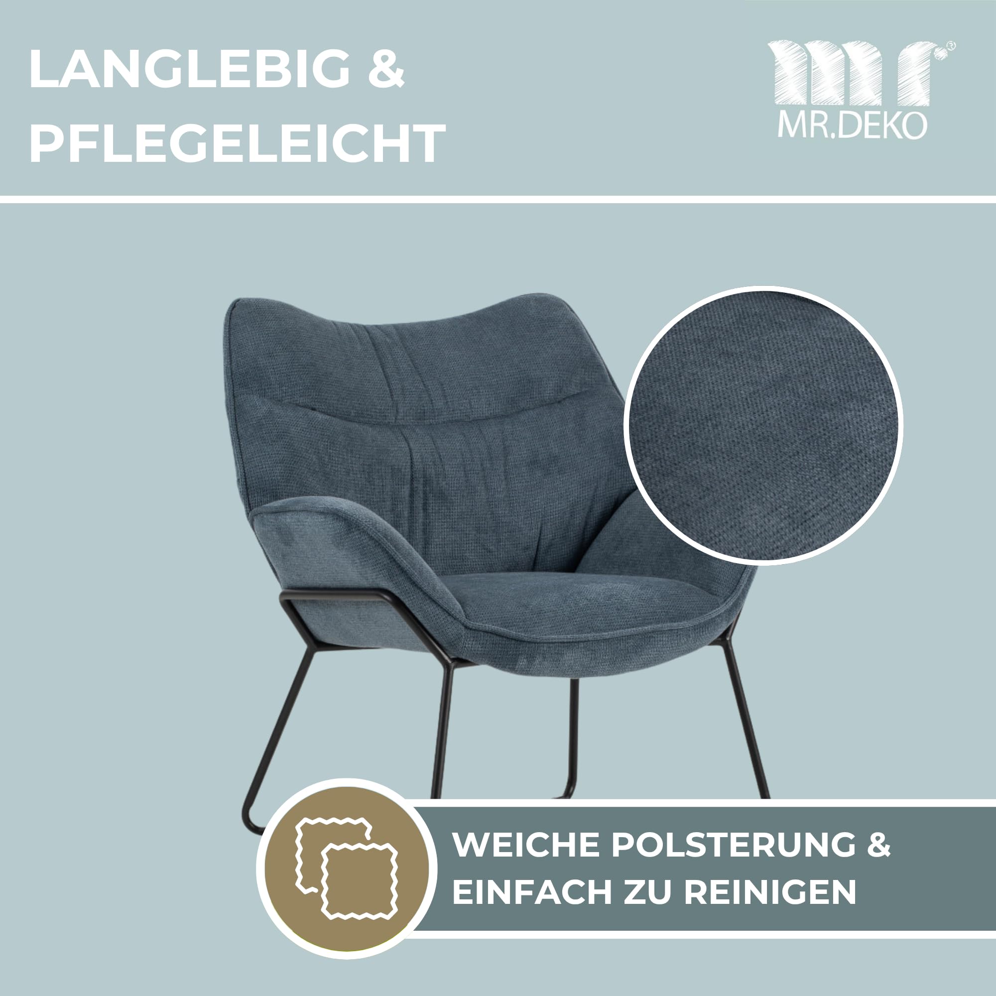 MR. DEKO Wohnzimmer Set Aliano Blau | Sessel-Set 2er mit Armlehnen & Beistelltisch Fermo Mangoholz | Polstersessel Stoff | Lounge-Set Wohnzimmer | Modernes Wohnmöbel-Set |2 Holztische rund