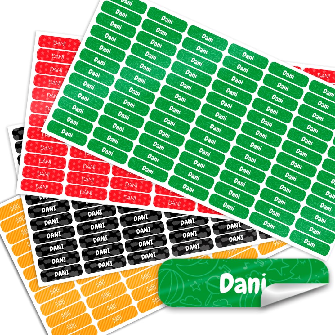 ETIQUETAS ADHESIVAS MINI CON LAMINADO PROTECTOR PERSONALIZADAS PARA MARCAR TODO TIPO DE OBJETOS LIBROS, FIAMBRERAS, TUPPER, BOTELLAS,LAPICES COLEGIO Y GUARDERÍA TAMAÑO 3 X 0,7 CM (144)