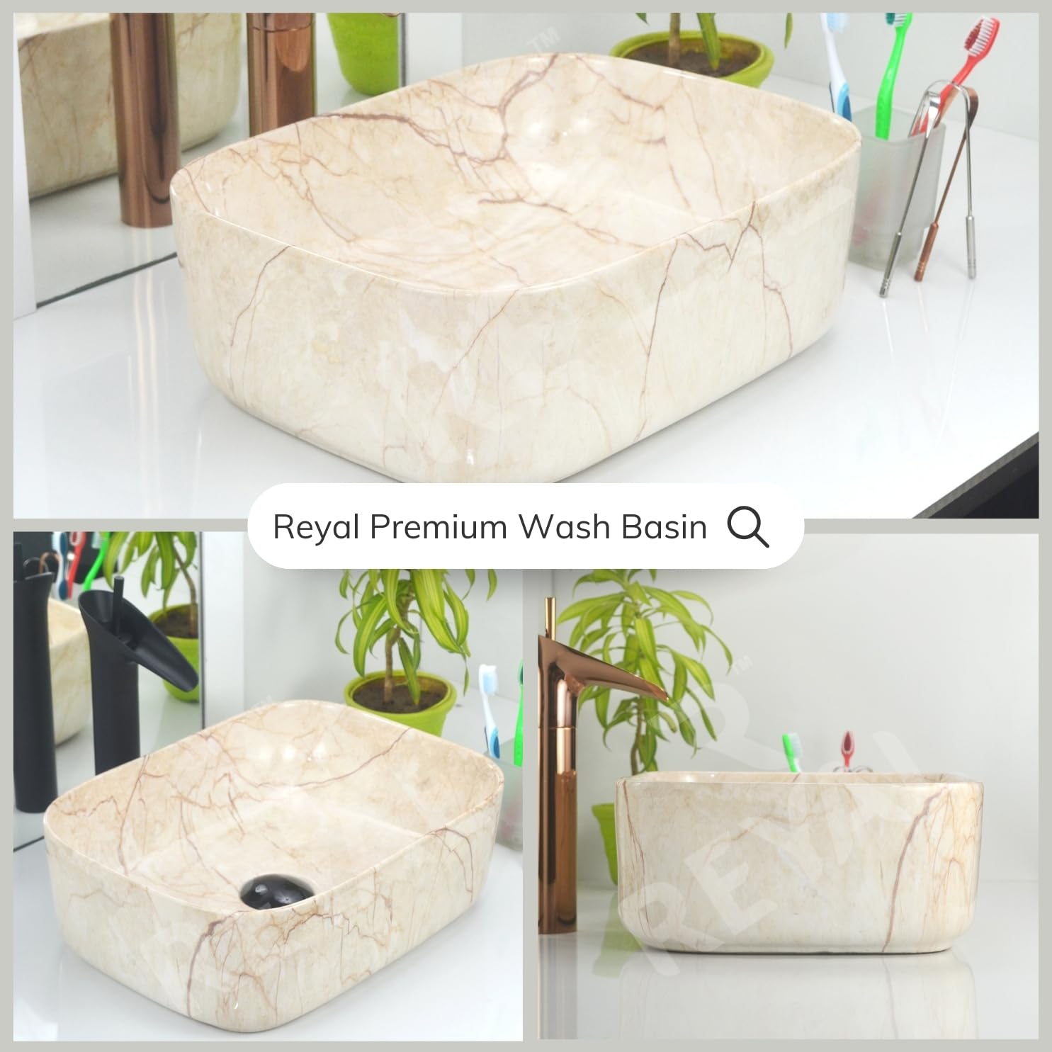 Reyal Marble Wash Basin - Ivory Gold Vessel Sink -6