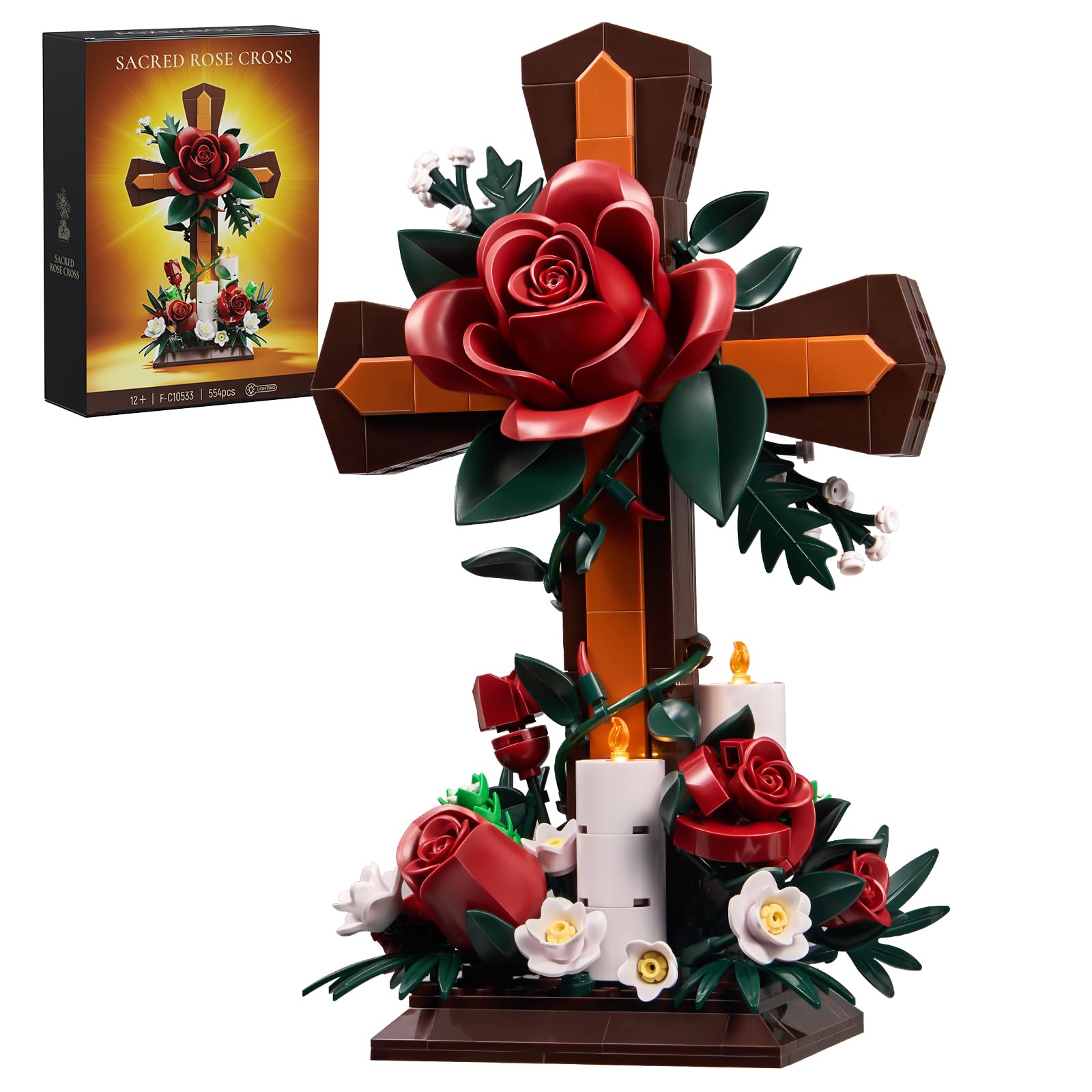 Christian Cross Building Set, Jesus Compatible with Lego Flowers with Red Rose & Candle,…