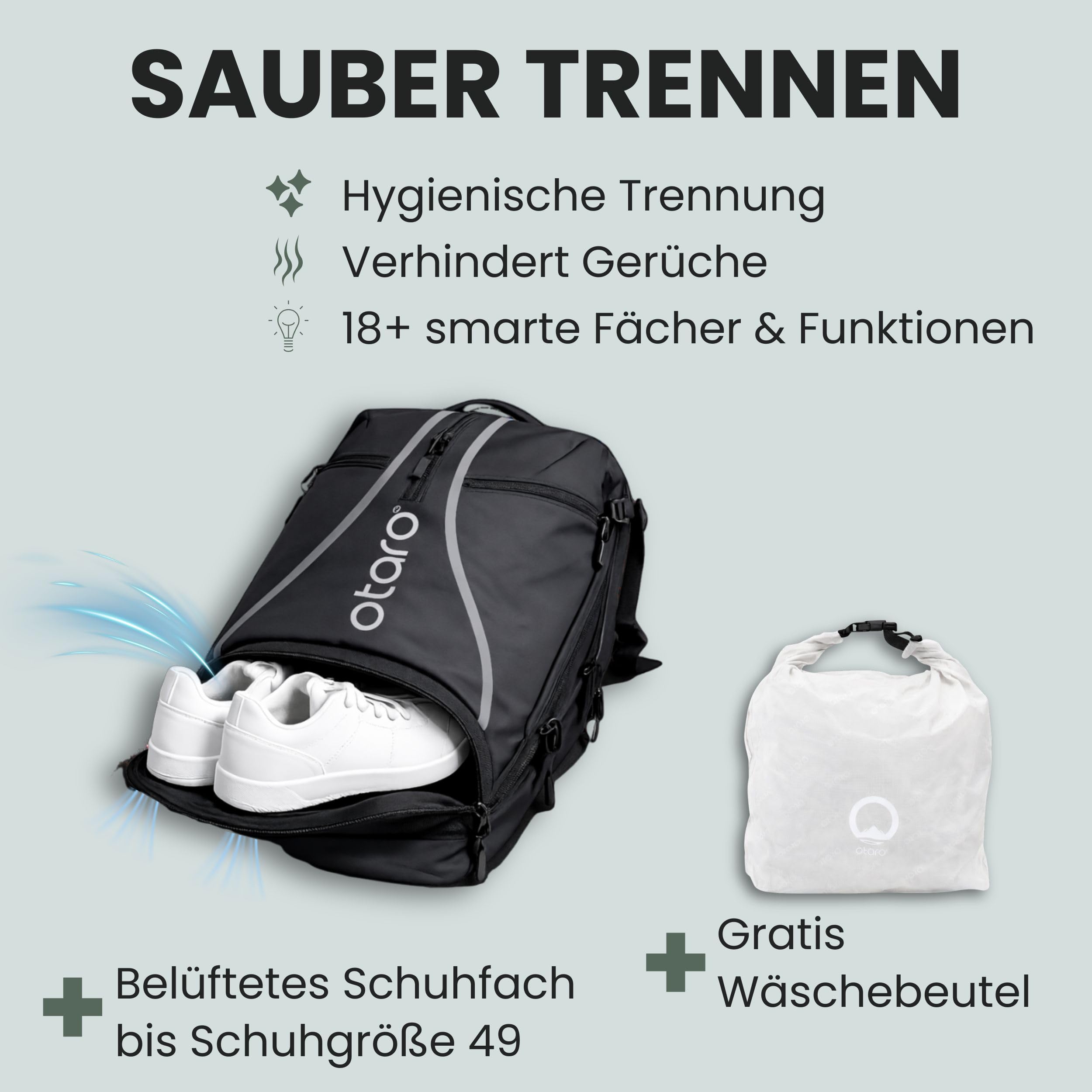 Otaro Tennisrucksack mit Schuhfach, Laptop- & Thermofach für 2 Schläger | 42 L | Tennistasche Herren | Getränk- & Ballfach | Tennistasche Damen inkl. Regenschutz & Wäschesack