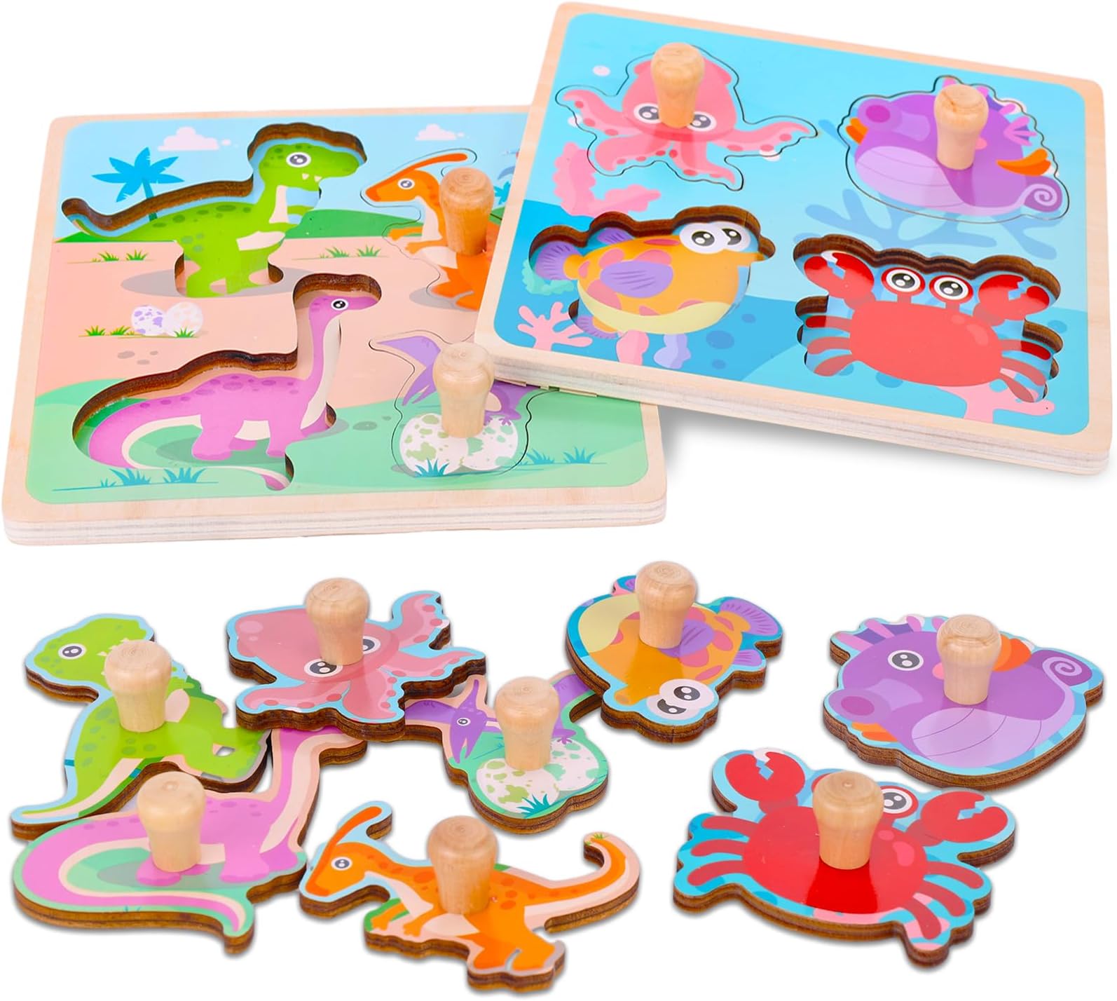 LovesTown 2 Sets Wooden Peg Puzzles, Knob Puzzles with Handles Puzzles for Toddlers Montessori Educational Toys for Kids Preschoool Learning