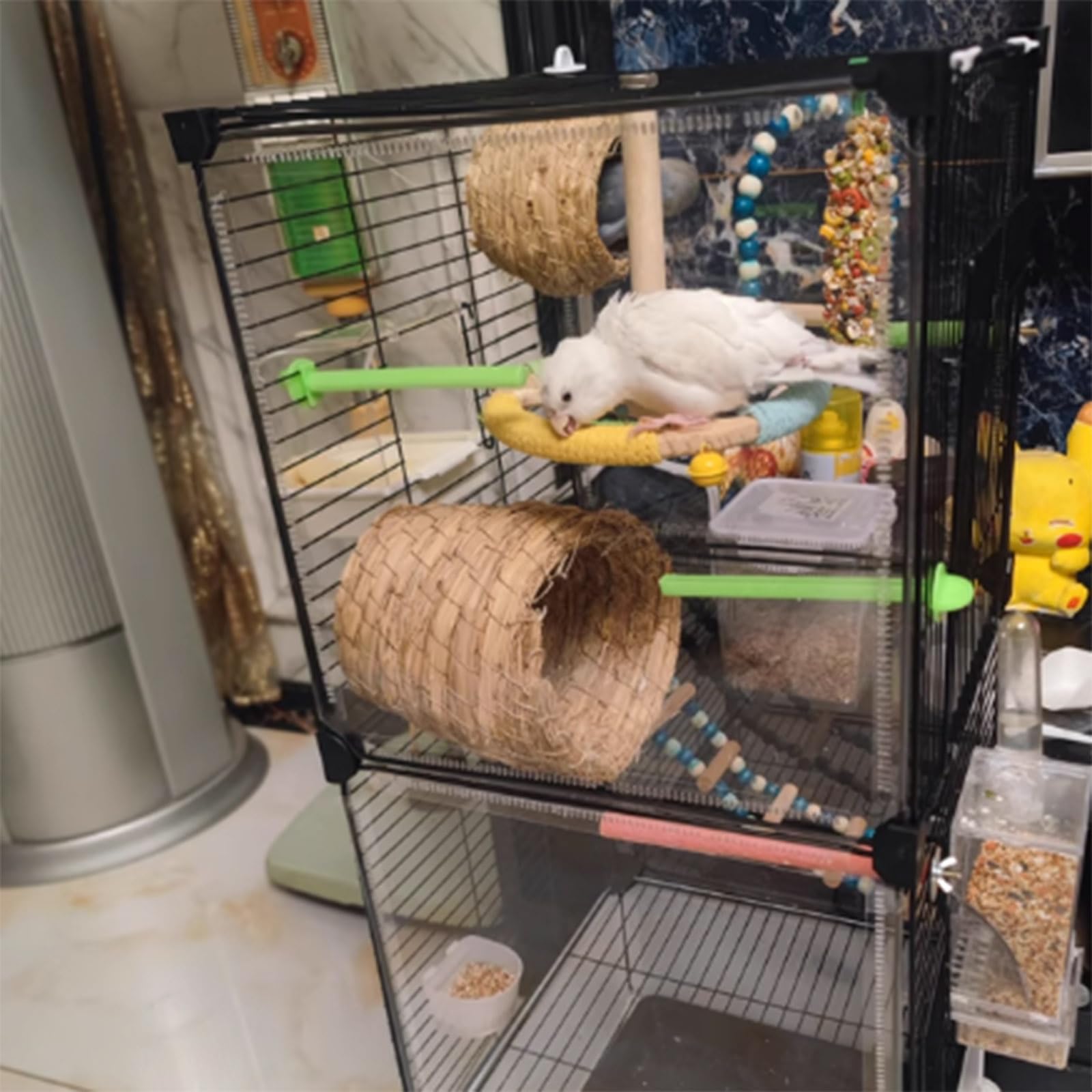 Jaula para pájaros, jaula para loros, jaula de periquitos movible de 2 niveles con ruedas, jaulas extragrandes para pájaros con casa de pájaros para loros, conuros, periquitos de cacatúas