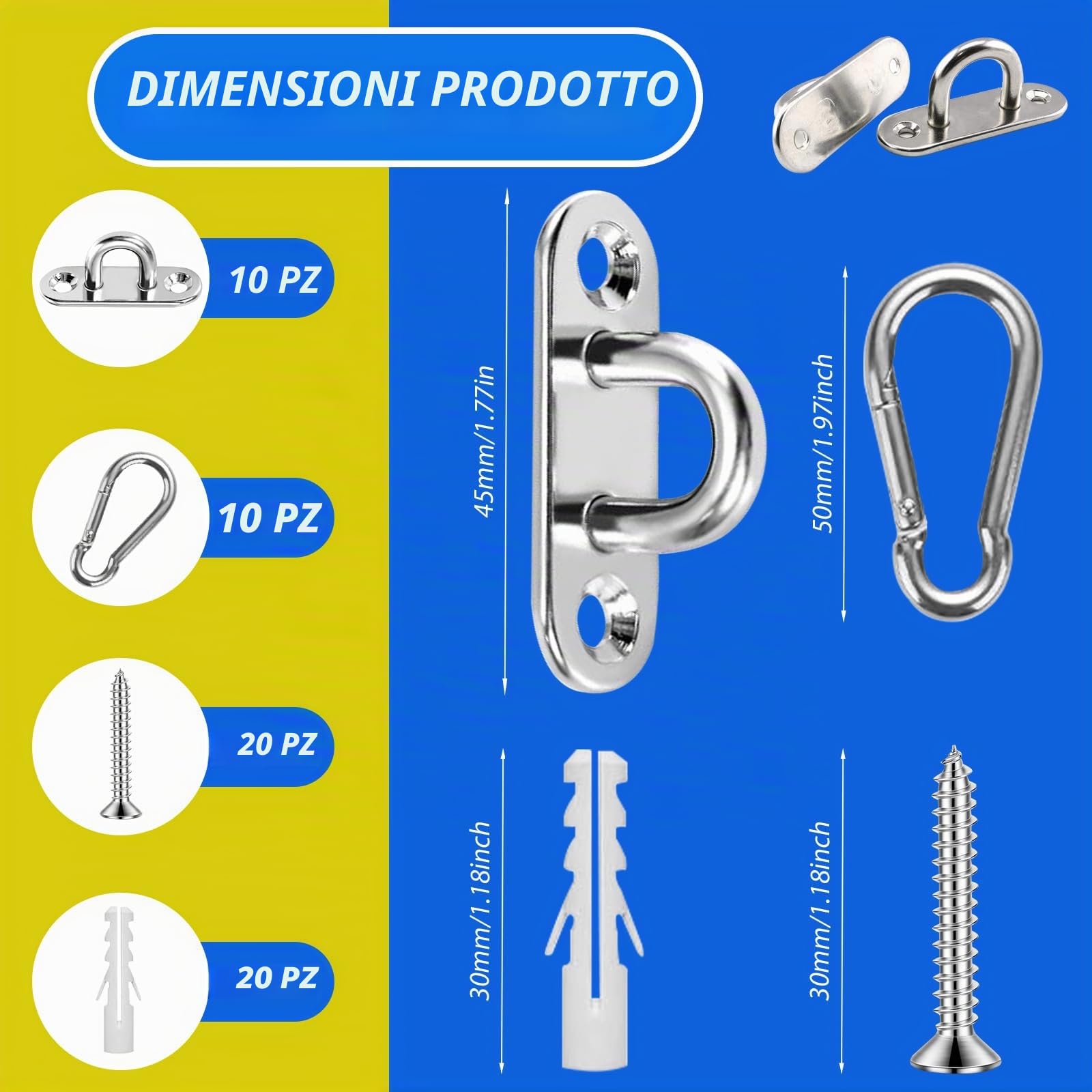 Gancio per Soffitto, Placca Occhiello in 304 Acciaio Inossidabile, Ganci da Parete Per Fissaggio a Parete, Kit di Ancoraggio per Corda, Appendini da Parete per Swing, Amaca, Aerial Yoga e Parasole