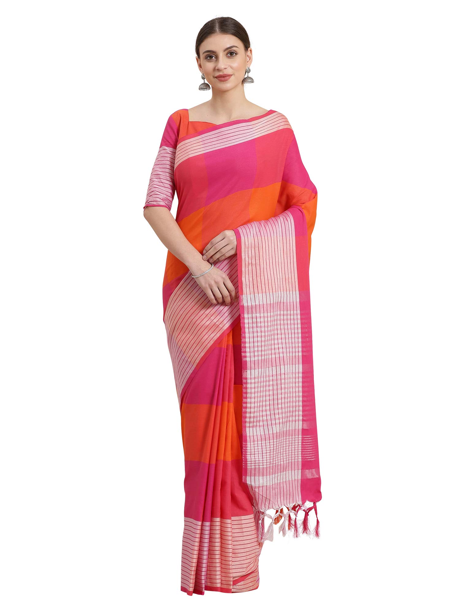Snuggle Spot Women's Cotton Printed Saree With Unstitched Blouse 5.5Mtr (Pink)