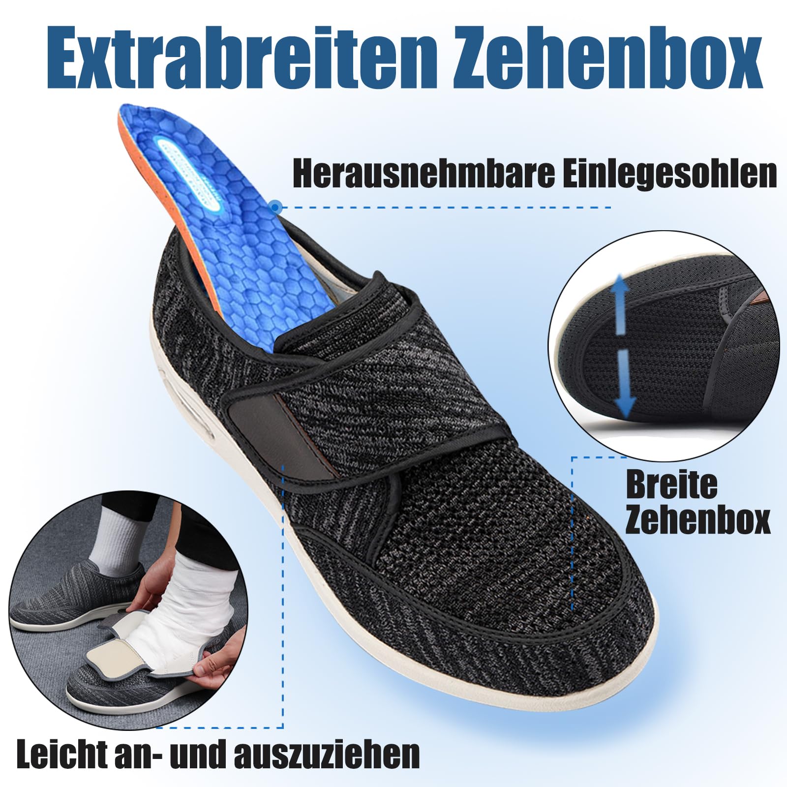 Chaussures diabétiques pour Hommes, en Tissu Eté Scratch Réglable Orthopédique Viscoélastique pour Oedème Gonflé Pied Large Orteil Ouvert Elargissement,Black Gray,48 EU