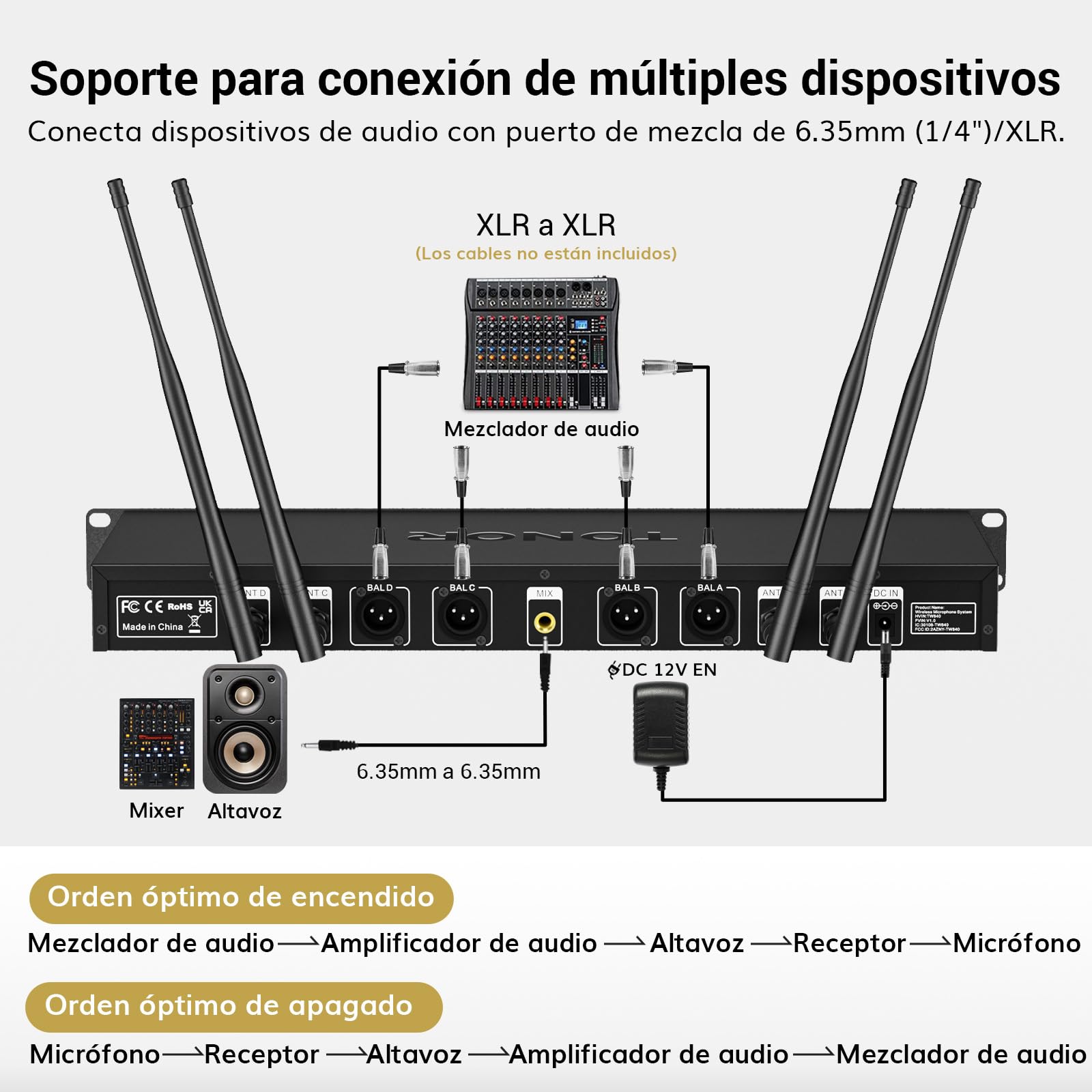 TONOR Sistema de Microfono Inalámbrico UHF, Micrófono de Mano/Auriculares/Lavalier, Transmisor de Bolsillo, Receptor Metálico de 4x5 Frecuencias, Alcance de 90m para Karaoke en Iglesias, 4 Canales