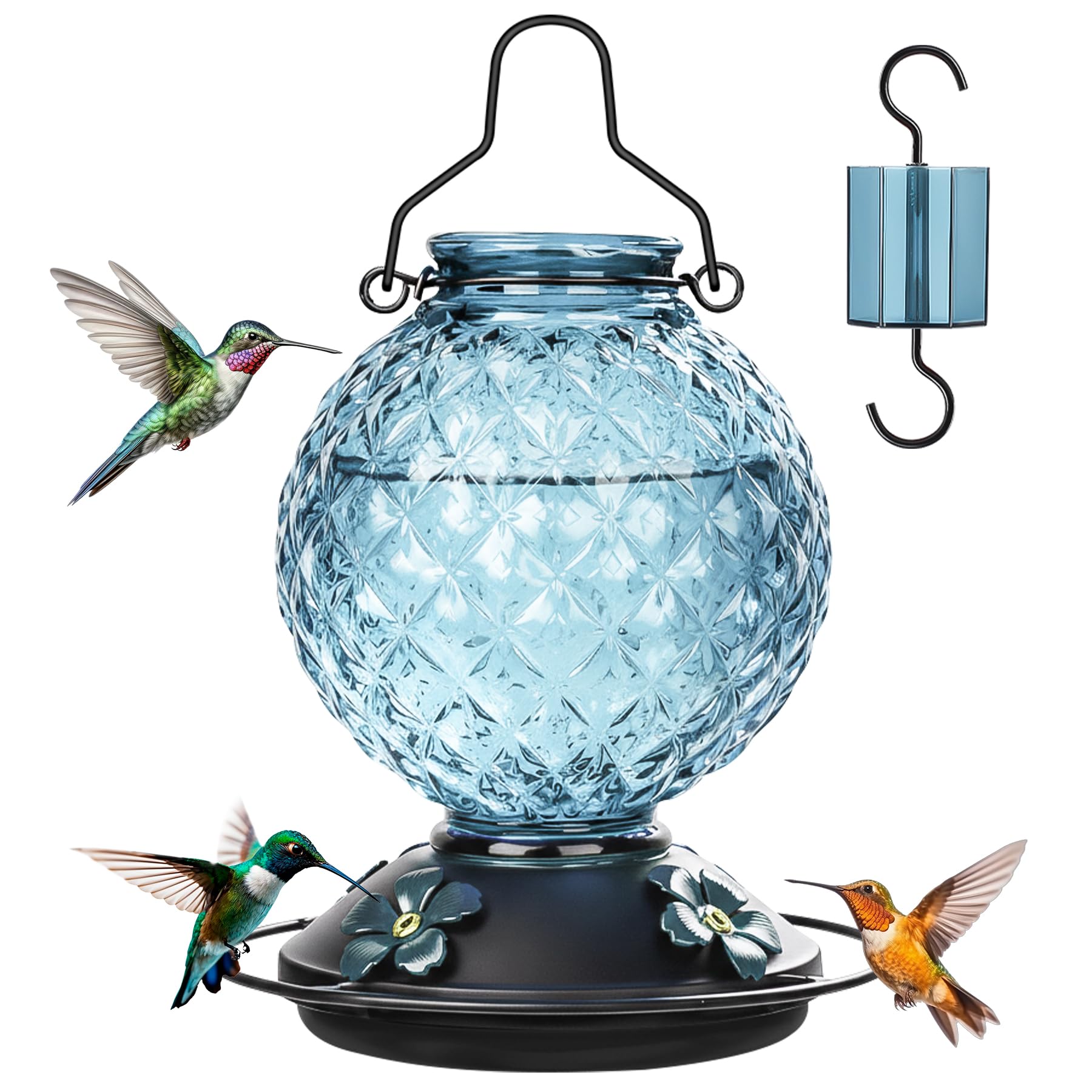 Tegarbed 25oz Glass Hummingbird Feeder Blue