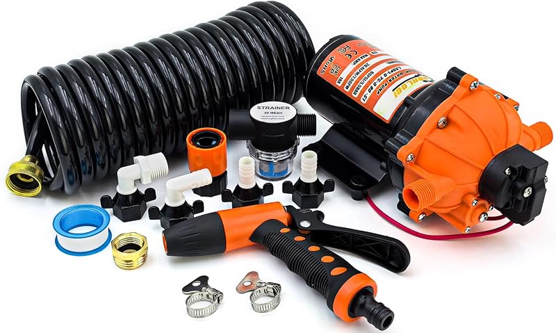 12V Washdown Pump Kit 7.5GPM 80PSI Self Priming for Marine RV Boat | Kit: 25ft hose, nozzle & filter; auto pressure switch, thermal protection; quiet 5-chamber design; salt & freshwater use