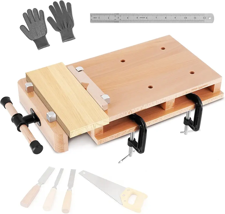 Bancada de trabalho de madeira portátil com régua e 2 braçadeiras, torno de madeira dura para casa e oficinas (50 x 30 cm)