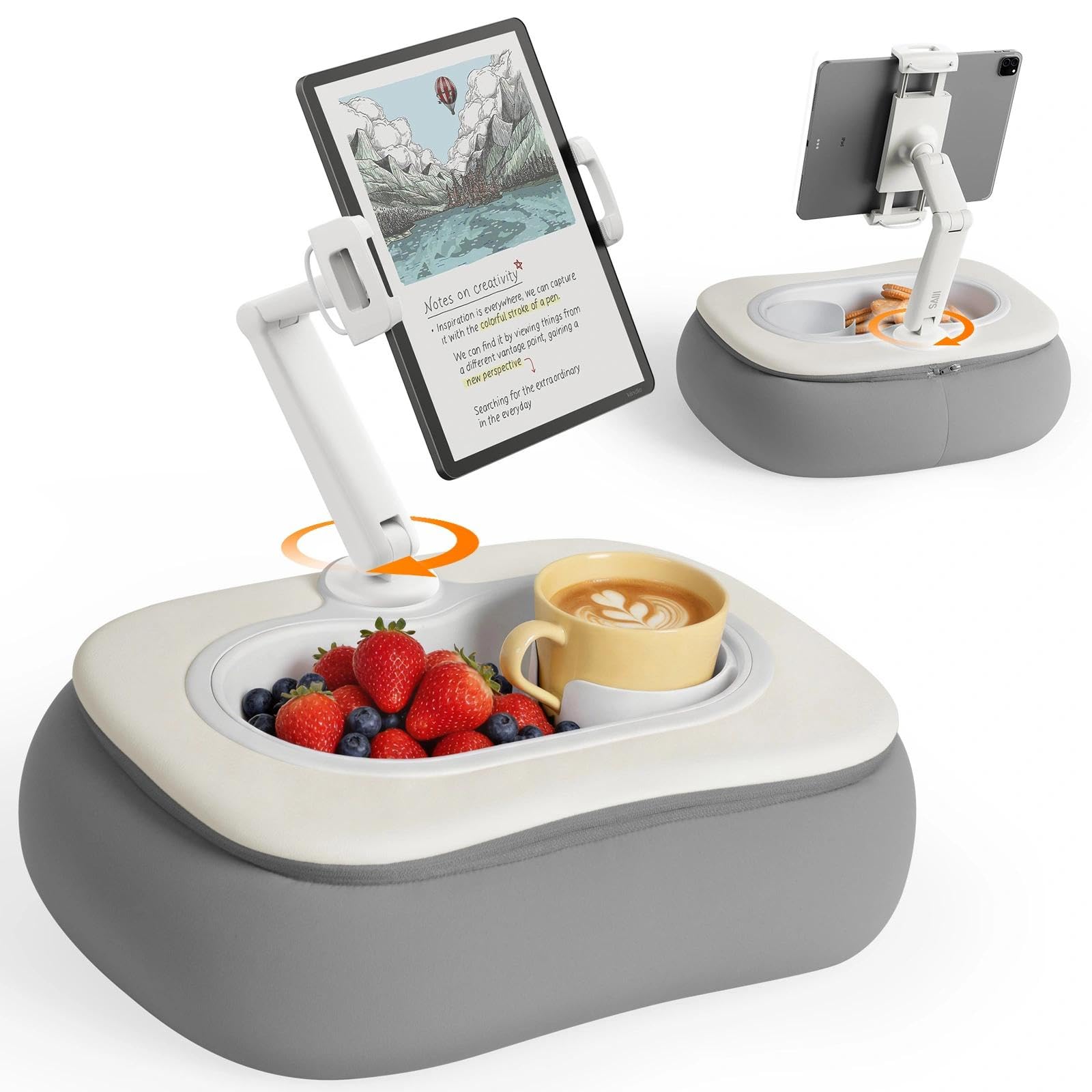 SAIJI Supporto per cuscino per tablet da letto regolabile per iPad con ciotola per snack di qualità alimentare, accessorio per bambini da 4,7 a 15,6 pollici, smartphone, tablet, grigio