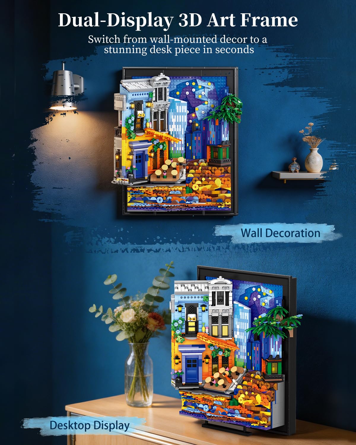 Set de Construction Café Terrace at Night pour Adultes, Tableau Mural 3D Encadré, Kit de Construction Artistique pour Décoration Maison et Bureau, Compatible avec Lego Art, 2678 Pièces