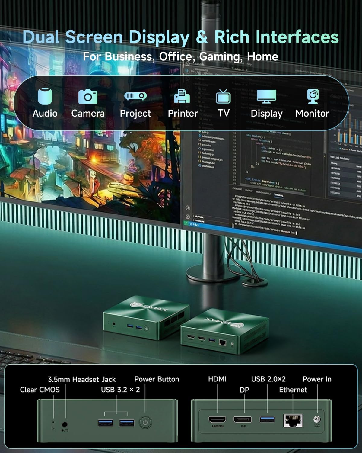 Bmax Mini PC B6 Turbo connected to two monitors for dual display