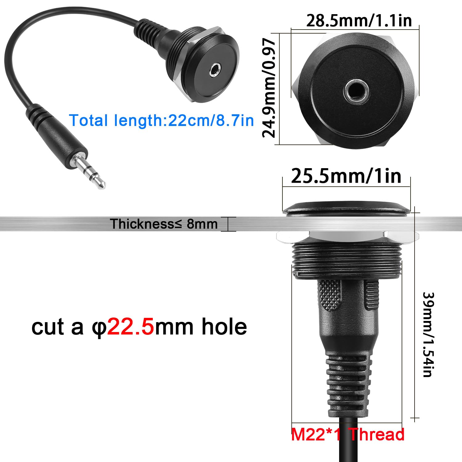 Adaptateur Audio TRS 3.5mm Fileté Fixation Panneau - Câble Court Femelle à Femelle Stéréo