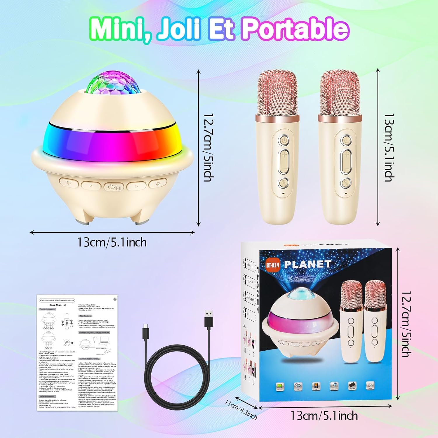 JONRRYIN Micro Karaoke Enfant avec Lumineux LED Disco, Enfant Enceinte Karaoké Portable avec 2 Microphone sans Fil Bluetooth, Micro Enfant pour Chanter, Jouet Cadeau Paques Fille (Blanc)