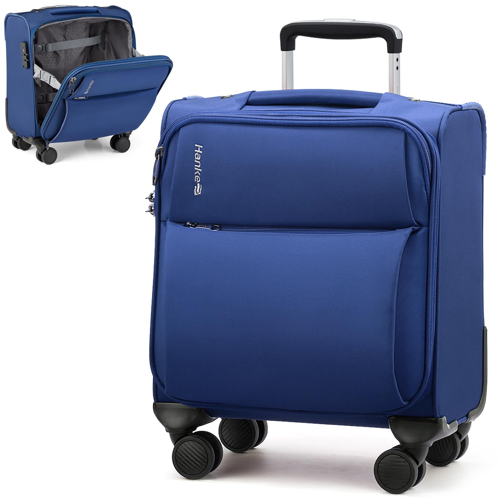 Hanke 16 Inch Underseat Carry On Luggage with Spinner Wheels Airline Approved, Small Rolling Suitcase Softside Underseater Lightweight TSA Travel