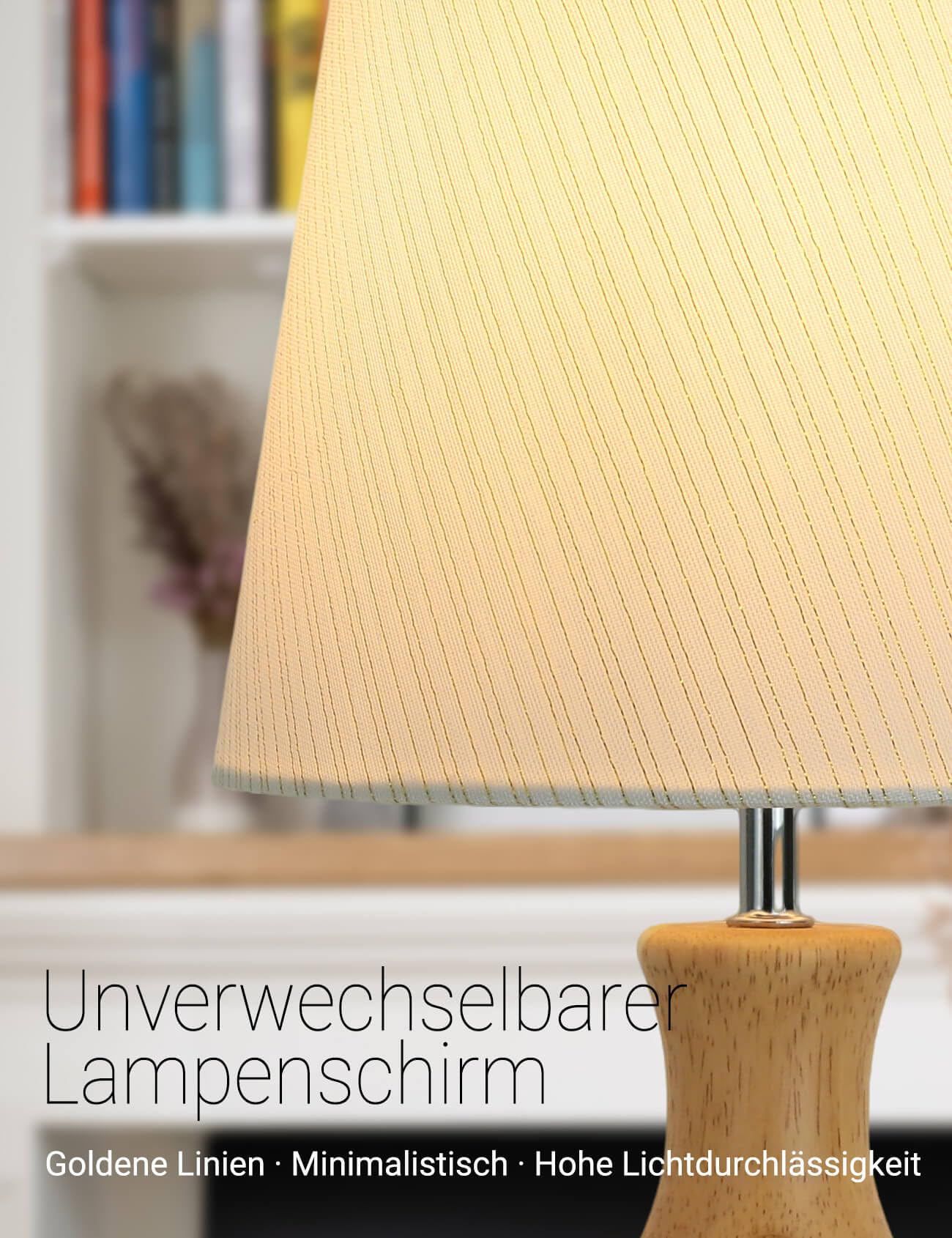 HSLighting Lampka nocna z drewna, lampa stołowa z kablem, regulowany włącznik/wyłącznik, złote nitki, abażur materiałowy, minimalistyczna lampa stołowa na stolik nocny do sypialni, salonu, prezent