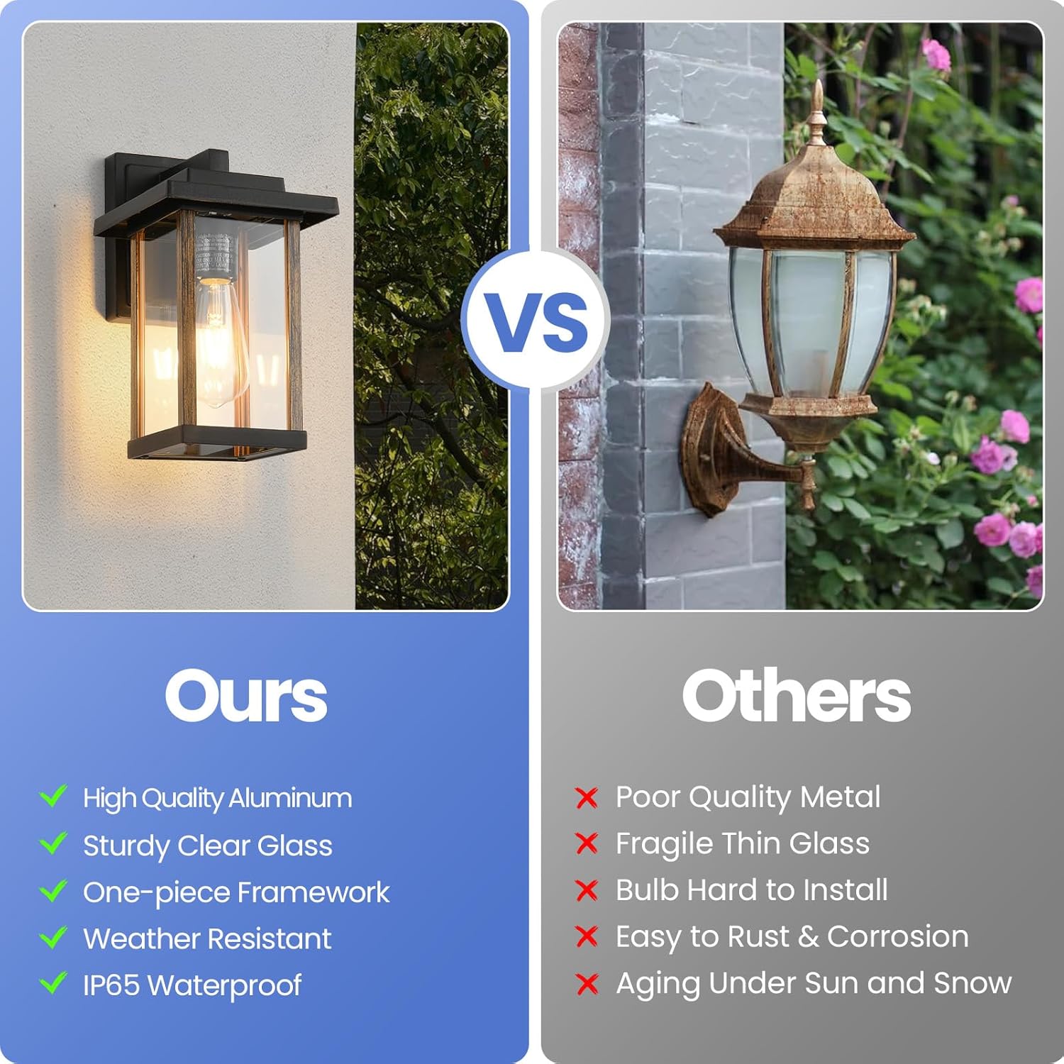 Outdoor Wall Sconce, Outside Porch Light Fixtures, Anti-Rust Exterior Wall Lights in Wood Grain & Black Finish with Clear Glass for Garage Doorway Entryway, 2 Pack