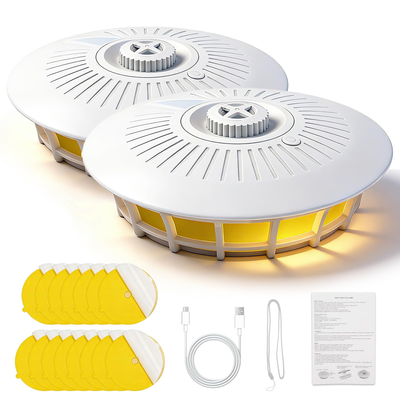 Trappola per pulci con luce LED a 360° per appartamento, include 15 adesivi e 4 modalità luminose. Doppia alimentazione, non tossica e inodore. Ideale per soggiorno, cucina, camera da letto e tappeti