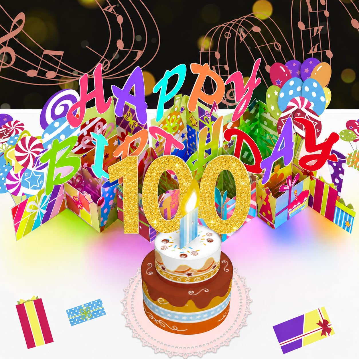 100th Pop-Up Musical Birthday Card, Blowable LED Candle for Women and Men