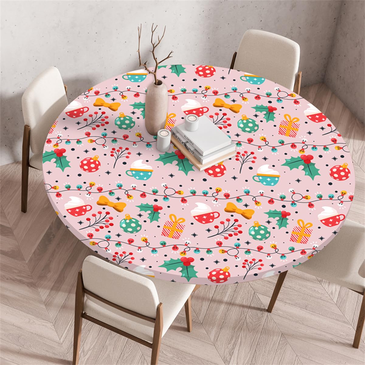RUILBJ Round Tablecloth with Elasticated Edges Christmas Style Theme Tablecloths Coffee Table Cover Waterproof Oil-Proof Reusable Tablecloths for Dining Bistro Outdoor Garden (Pink,100cm)