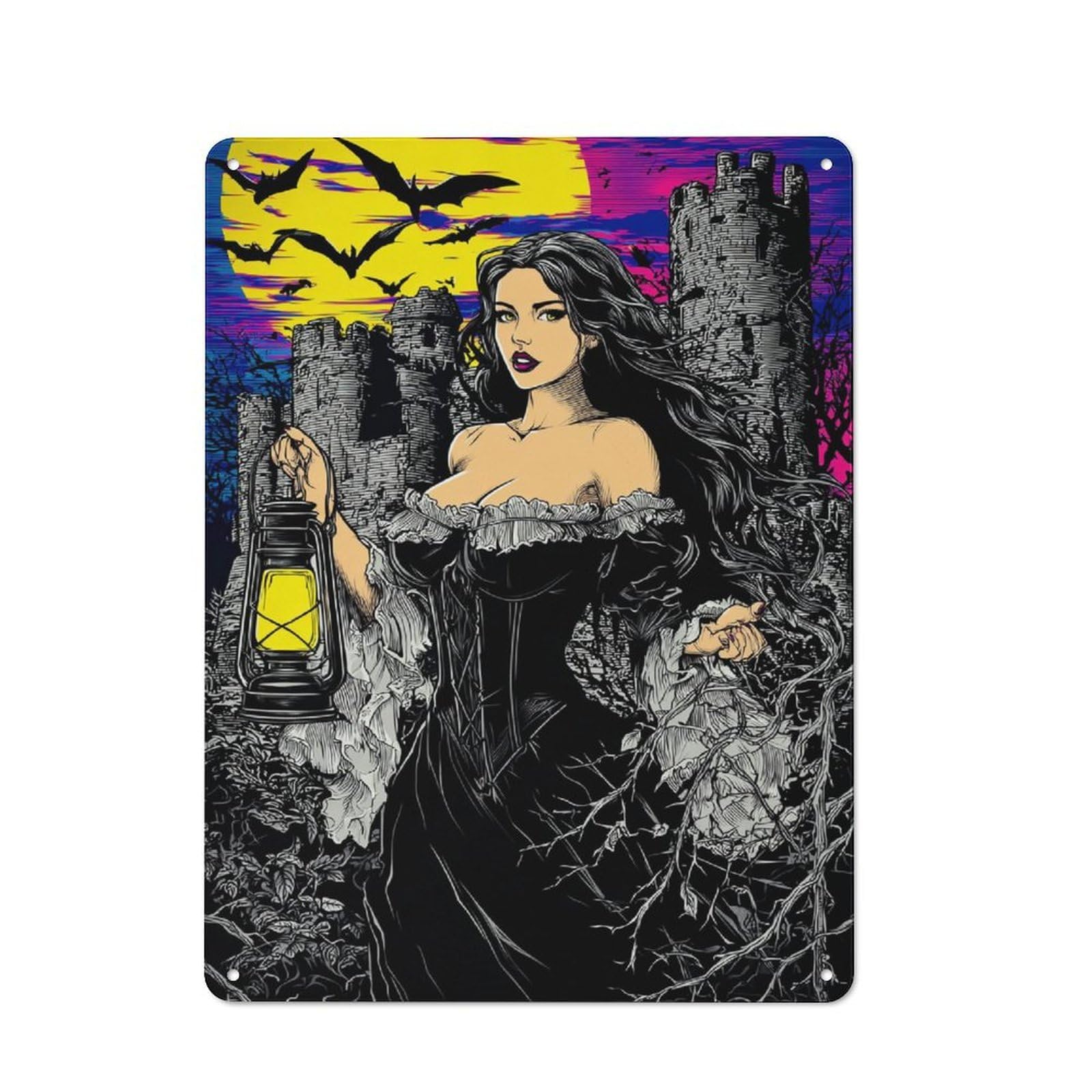 Junmoney Vampire Lady With Lantern Old Style Metal Wall Decor 40X30cm, Decorative Tin Plaque For Cafe, Pub, Workshop Or Home Bar
