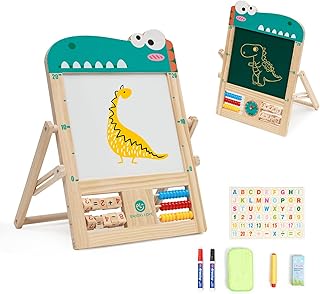 Kids Easel Wooden Table Top Easel Double-Sided Whiteboard & Blackboard Art Easel for Kids Portable Kids Easel with Alphabet Abacus Clock