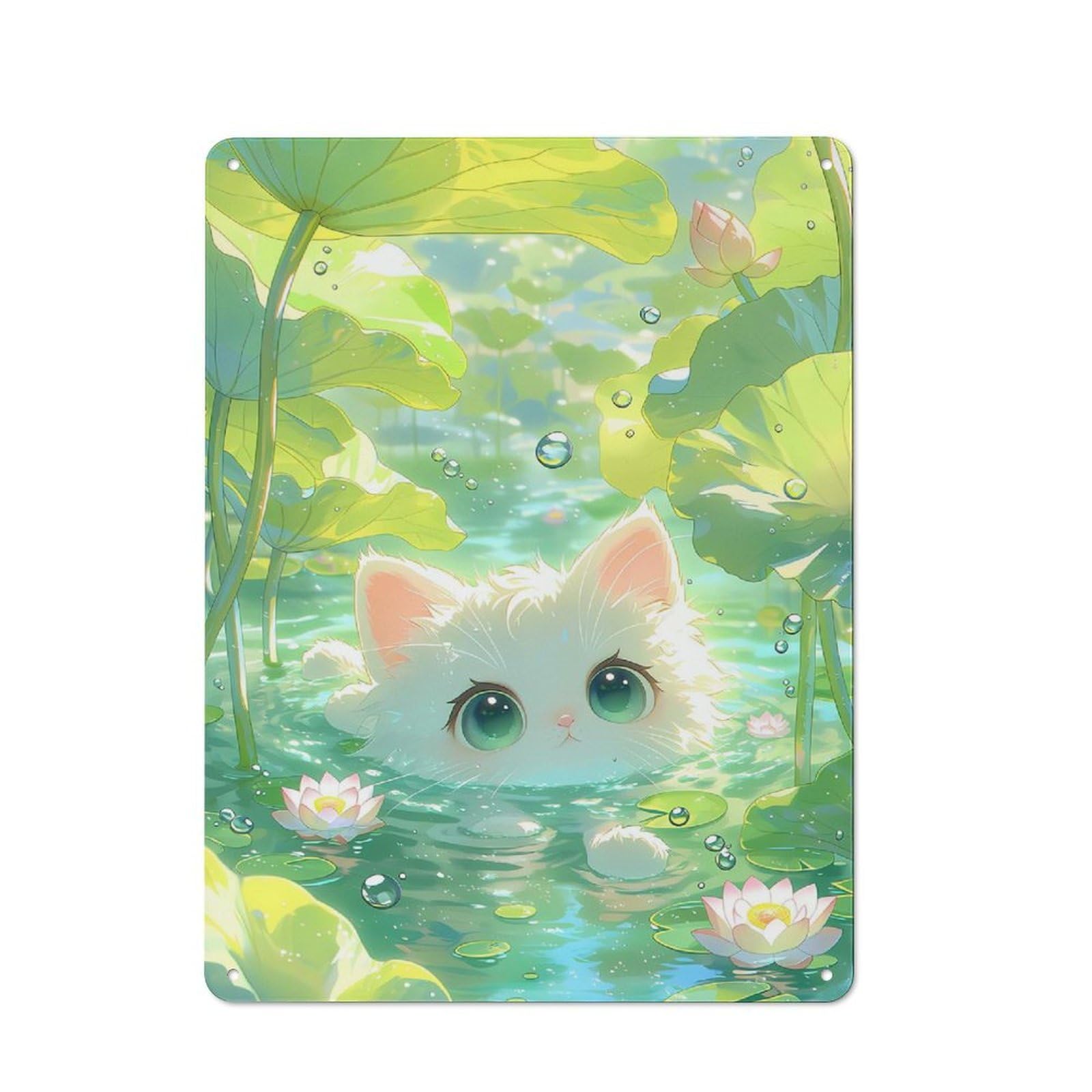 Junmoney Style-15 Tin Wall Sign With Cute Cat In Lotus Pond Design 40X30cm, Classic Kitchen Wall Decor For Restaurant, Kitchen, Counter Or Breakfast Nook