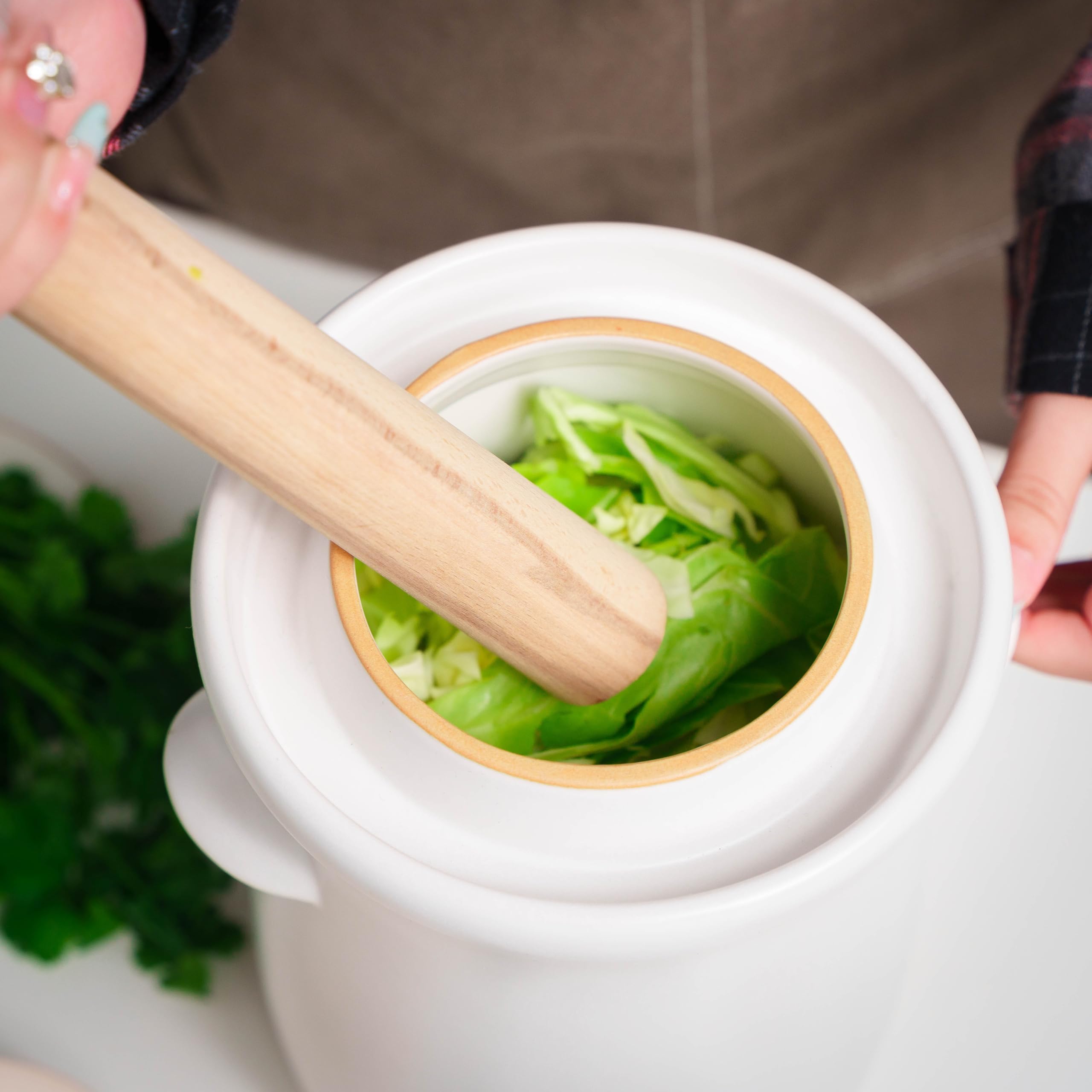 Fermentation Crock - Olla de cerámica de 3.8 litros/1 galón para fermentar, encurtir kimchi, encurtidos, verduras, kombucha, fermentador esmaltado con pesos de piedra, tapa y jarra blanca