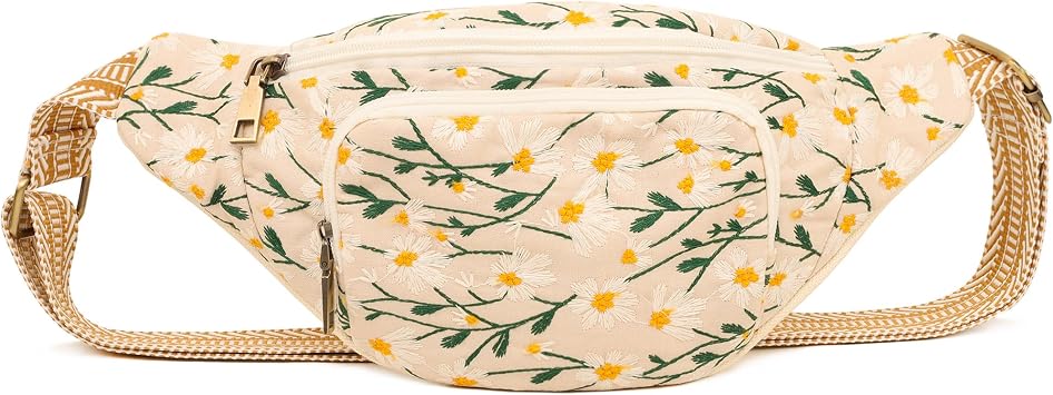 SILKAREA Boho Embroidered Fanny Packs for Women Cross Body, Stylish Floral Waist Bag & Belt Bag for Travel, Hiking, Work, EDC Embroidered Beige