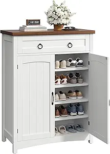 DWVO 5-Tier Shoe Storage Cabinet, Farmhouse Shoes Rack Cabinet with Adjustable Shelf, 43" Tall Shoe Organizer with Drawer & Doors for Entryway Hallway Living Room Closet (White)