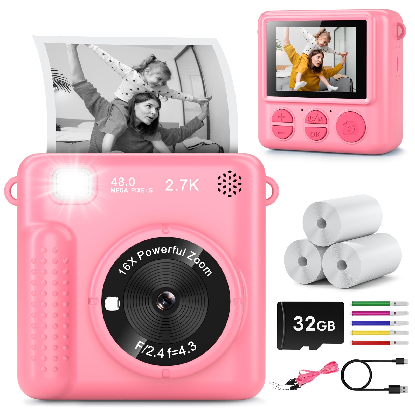 GREENKINDER Kids Camera Instant Print, Christmas Birthday Gifts for Girls Boys Age 3-12?HD Selfie Kids Digital Camera, Portable Travel Toy for 3 4 5 6 7 8 9 10 Year Old Girls (Pink)