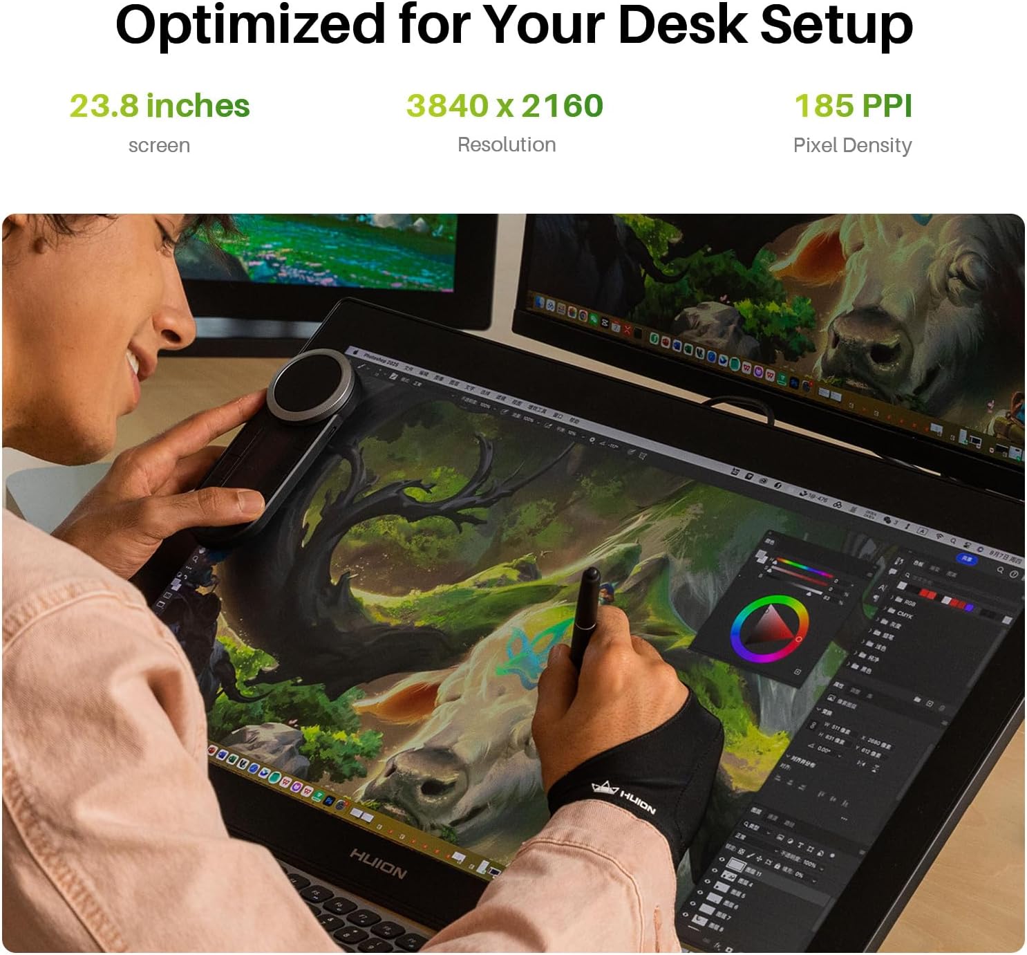 HUION KAMVAS Pro 24 (Gen 3) on a desk, showing its 23.8-inch screen, 3840x2160 resolution, and 185 PPI