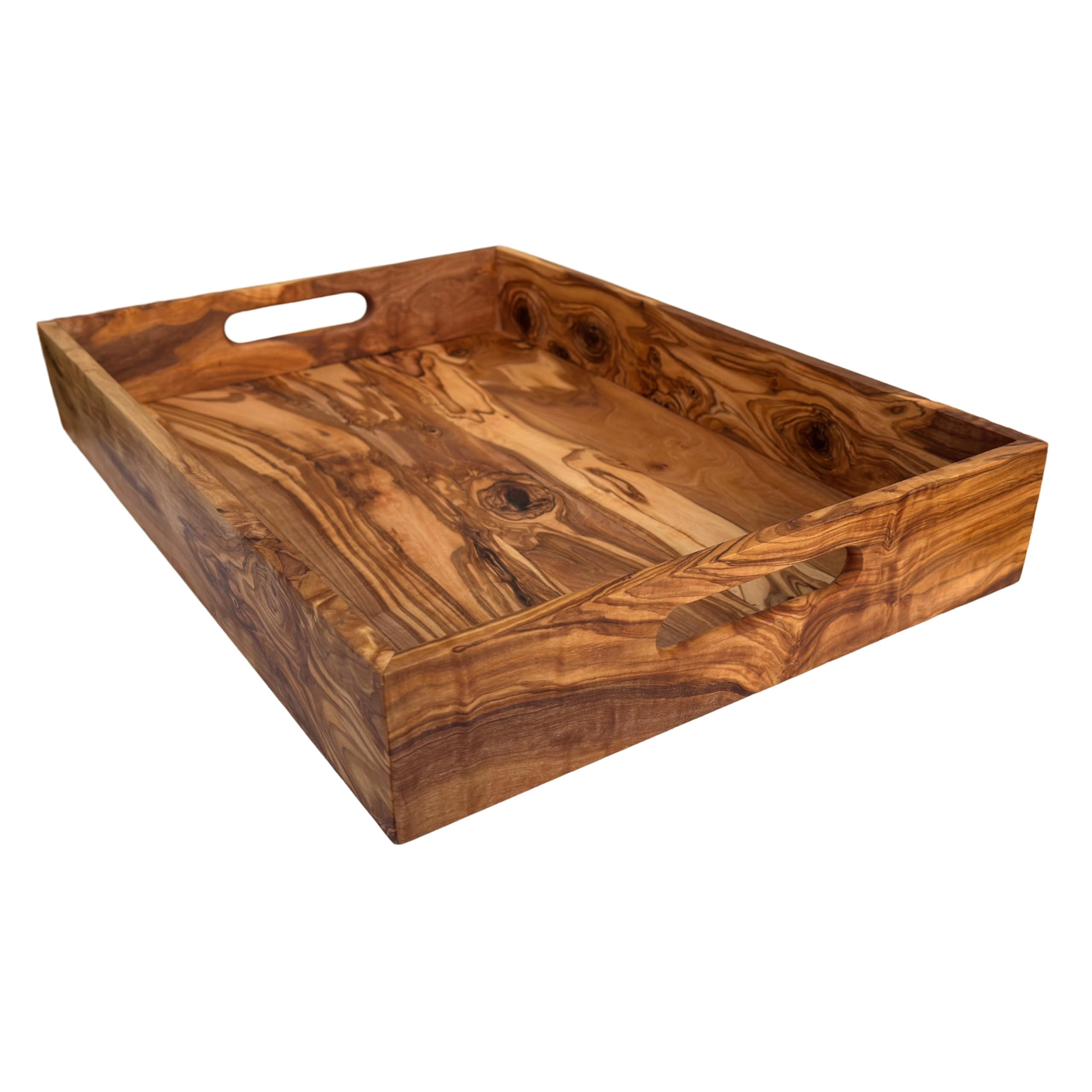 Plateau de service avec 2 poignées « My Home » - 47 x 32 x 7 cm - Plateau rectangulaire en bois d'olivier fait à la main
