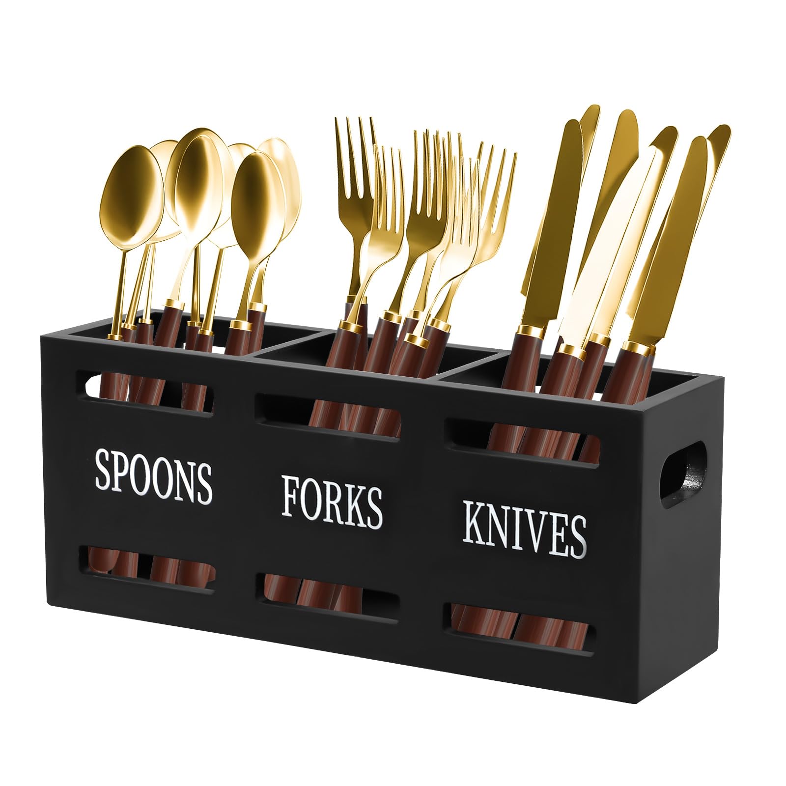 Ruaizel Wooden Cutlery Holder, Kitchen Utensils Holder With 3 Compartment, Cutlery Caddy For Knife, Fork And Spoon